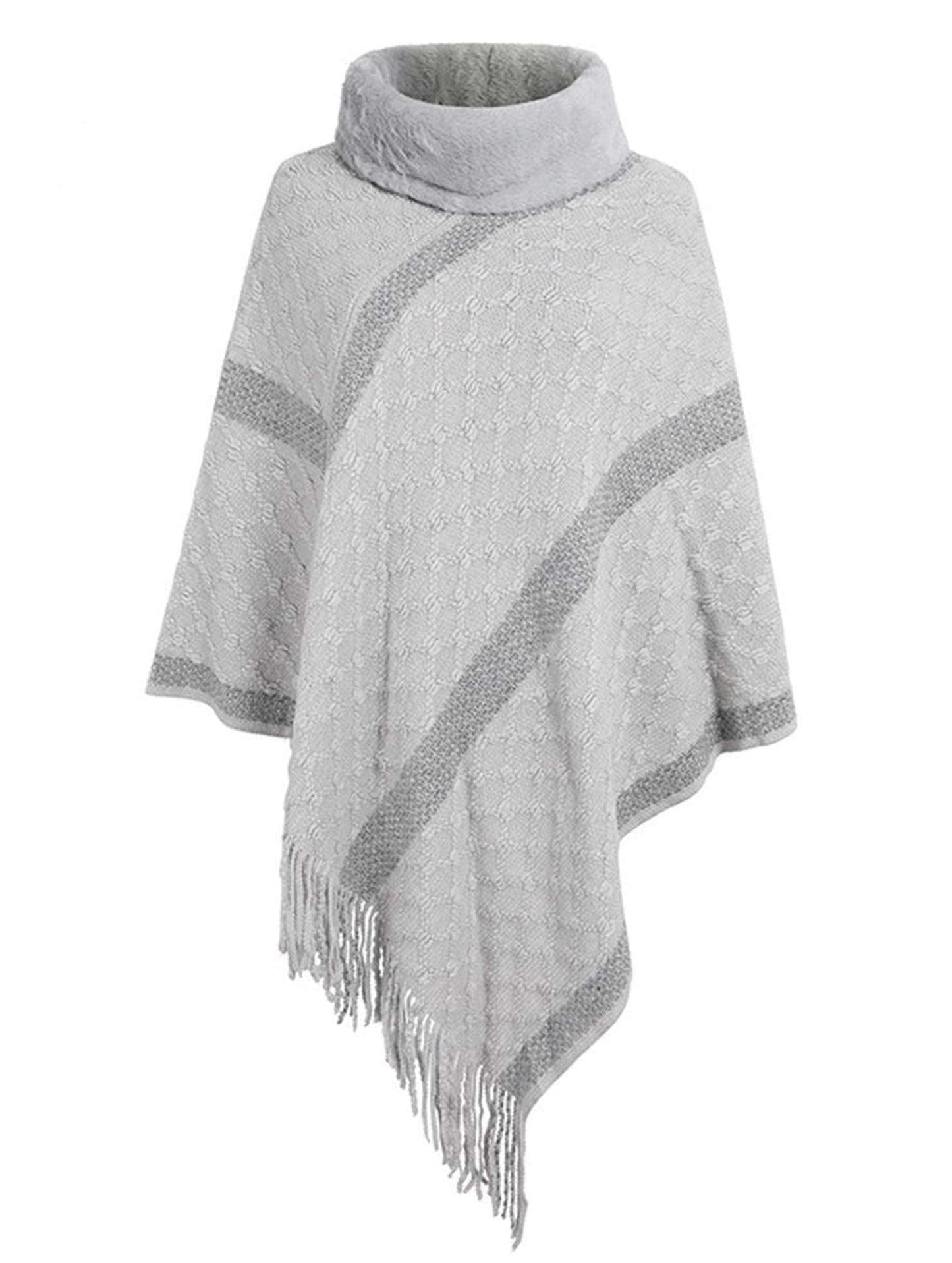 FEMALE FUR COLLAR TASSEL HEM COAT SHAWL - Doublju