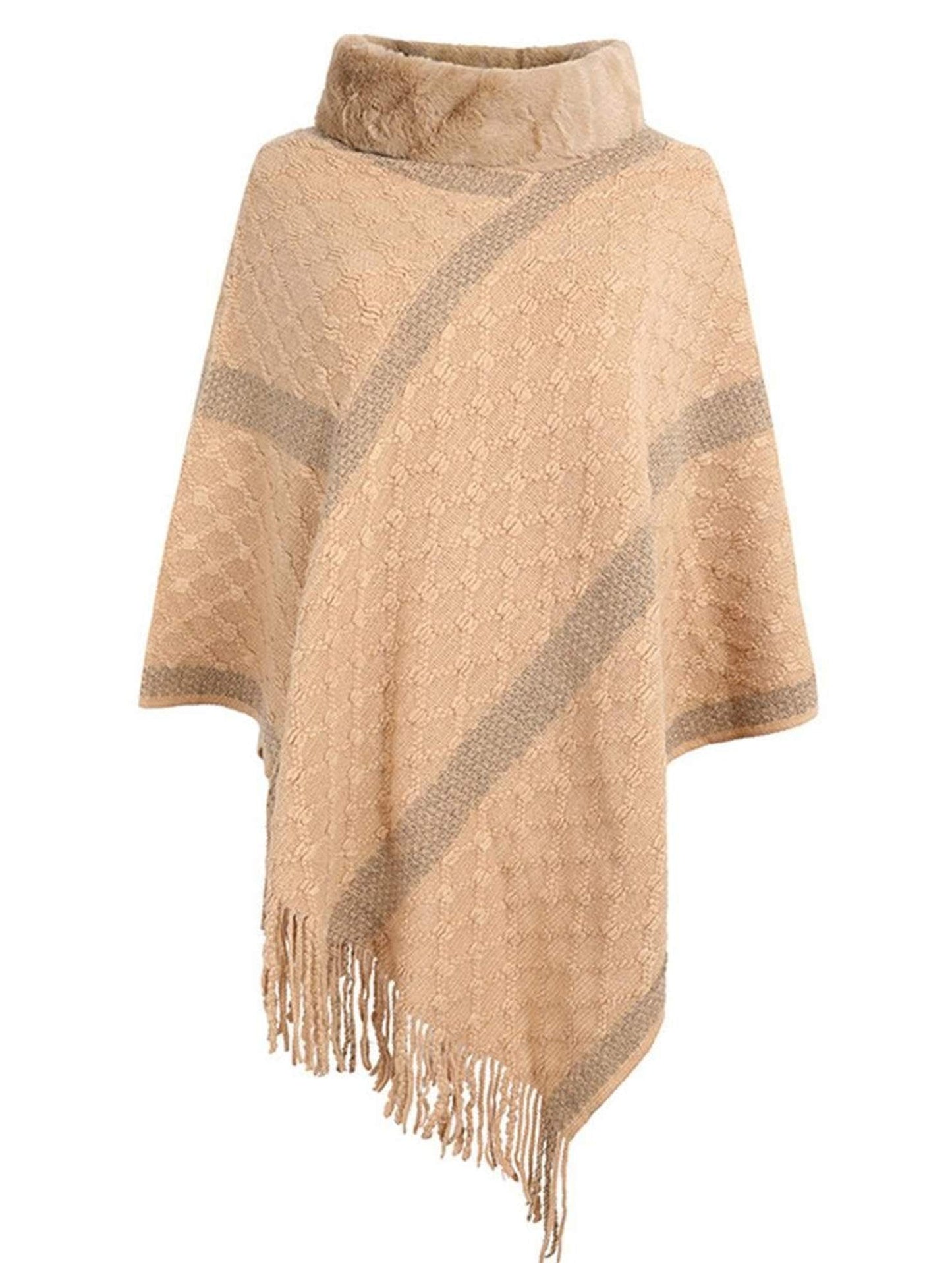 FEMALE FUR COLLAR TASSEL HEM COAT SHAWL - Doublju