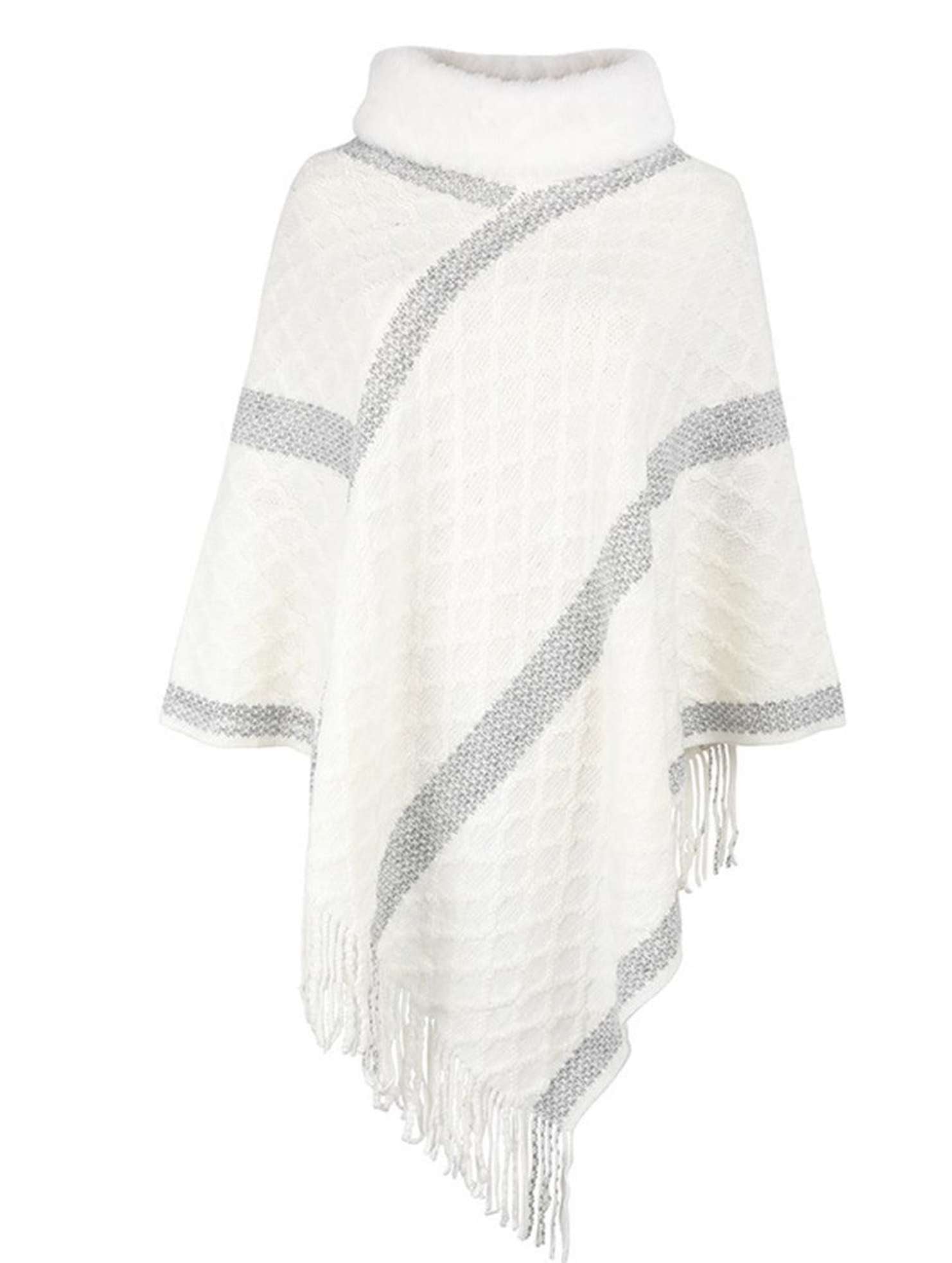 FEMALE FUR COLLAR TASSEL HEM COAT SHAWL - Doublju