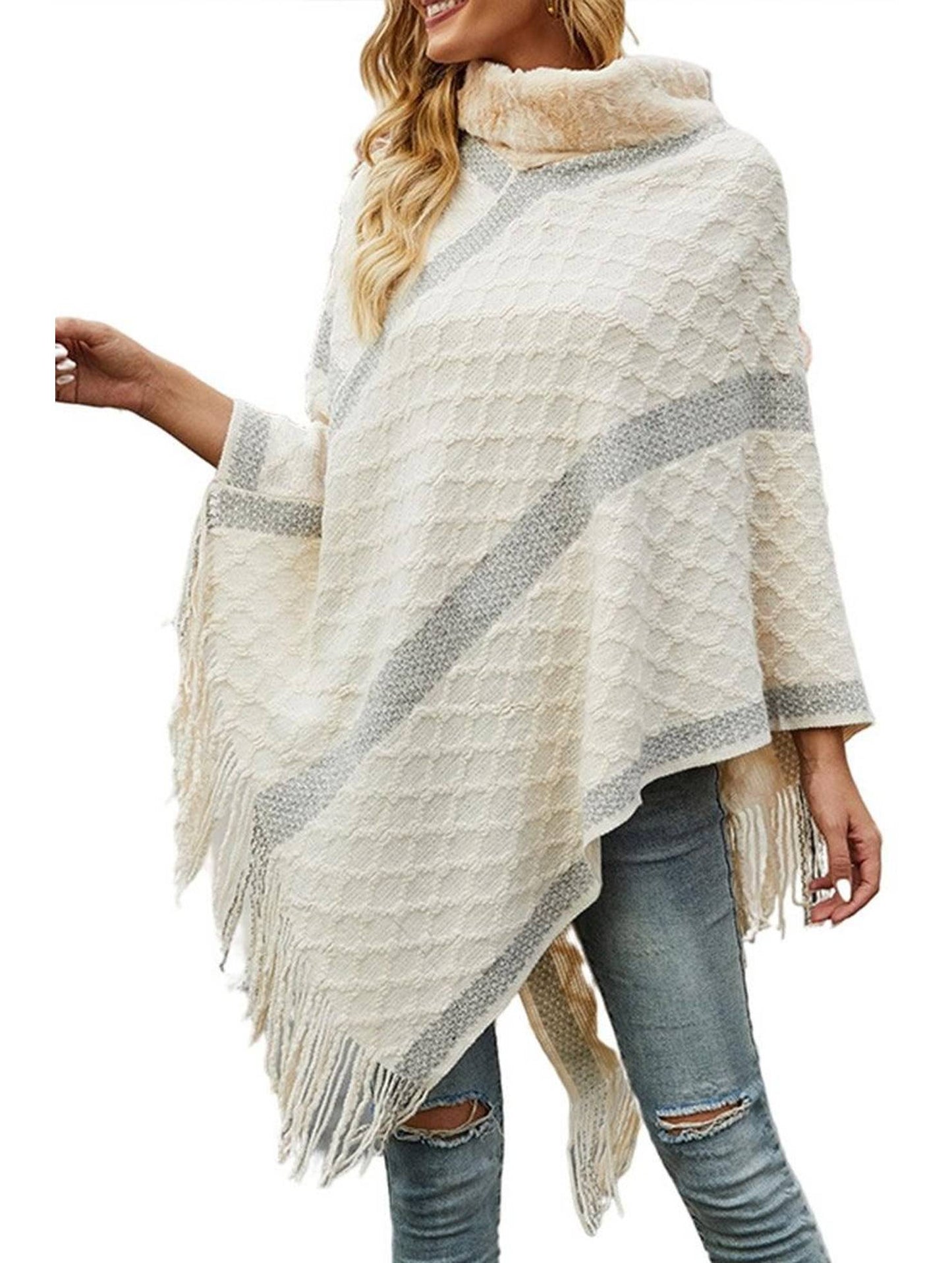 FEMALE FUR COLLAR TASSEL HEM COAT SHAWL - Doublju