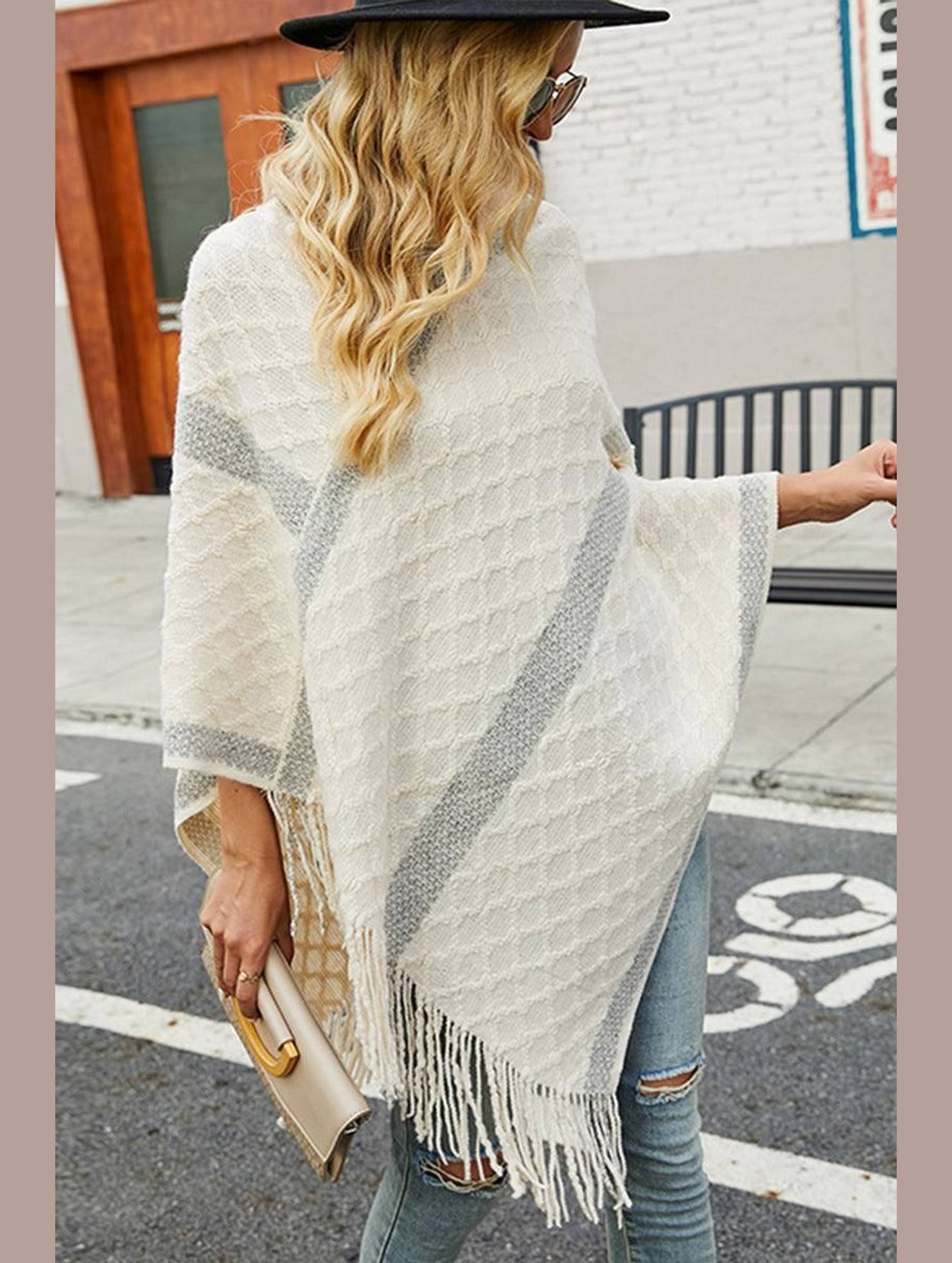 FEMALE FUR COLLAR TASSEL HEM COAT SHAWL - Doublju