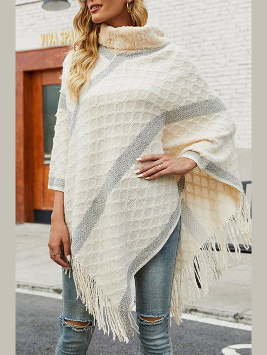 FEMALE FUR COLLAR TASSEL HEM COAT SHAWL - Doublju