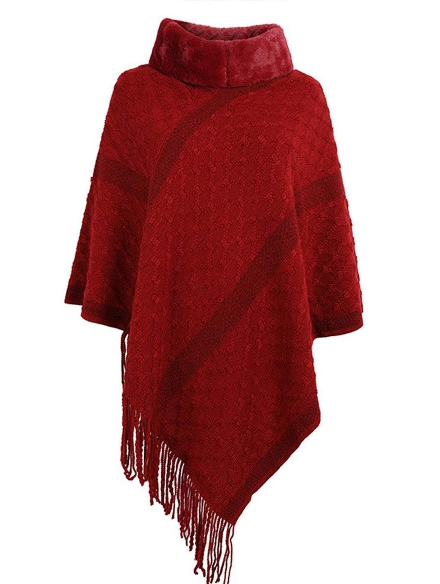 FEMALE FUR COLLAR TASSEL HEM COAT SHAWL - Doublju