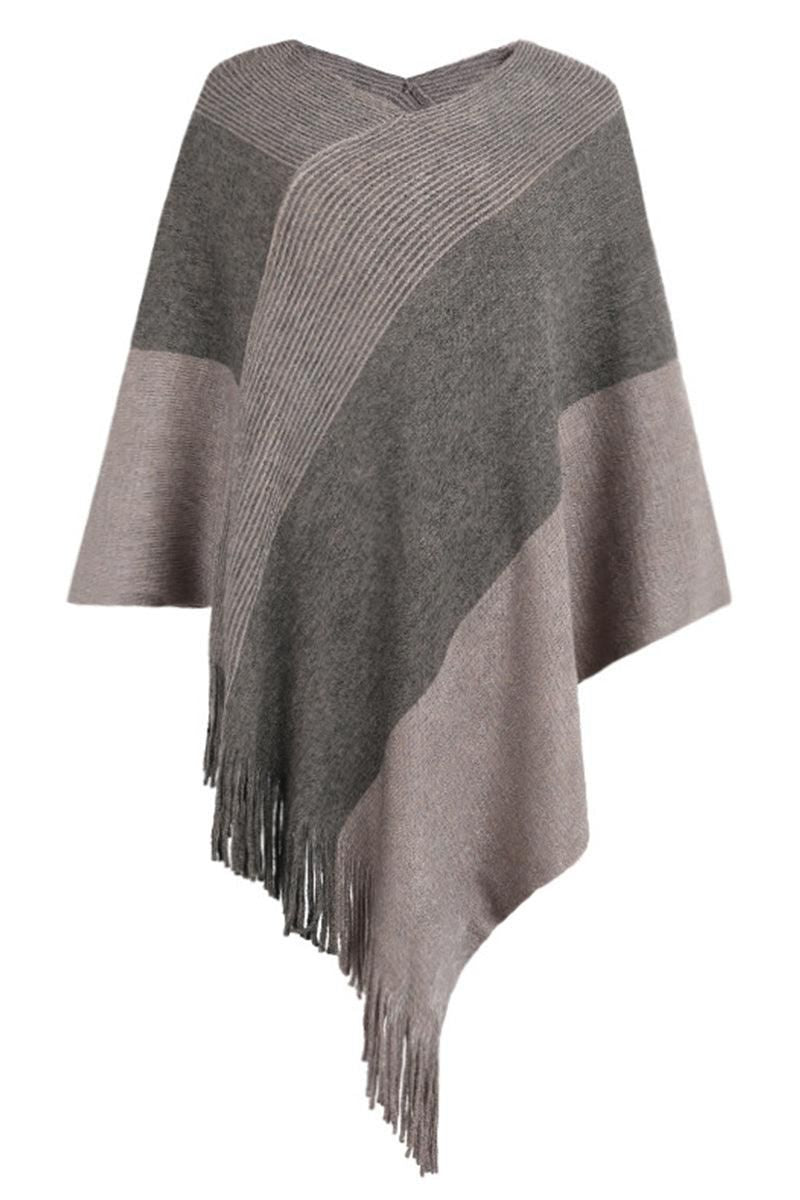 CONTRAST COLOR CLOAK SHAWL SWEATER COAT - Doublju