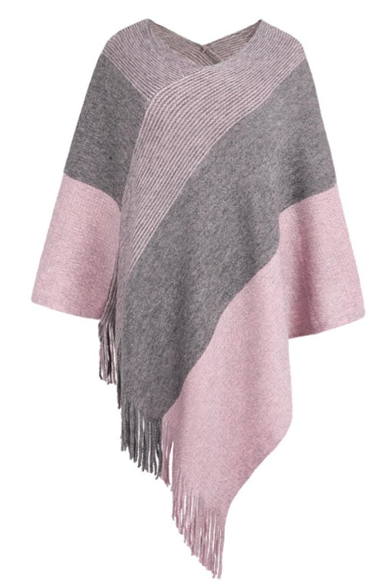 CONTRAST COLOR CLOAK SHAWL SWEATER COAT - Doublju