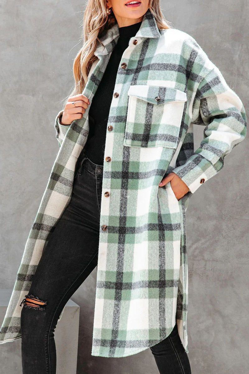WOMEN LONG PLAID PATTERN BUTTONED WINTER COAT