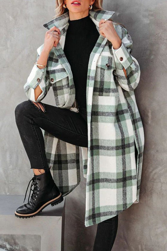 WOMEN LONG PLAID PATTERN BUTTONED WINTER COAT