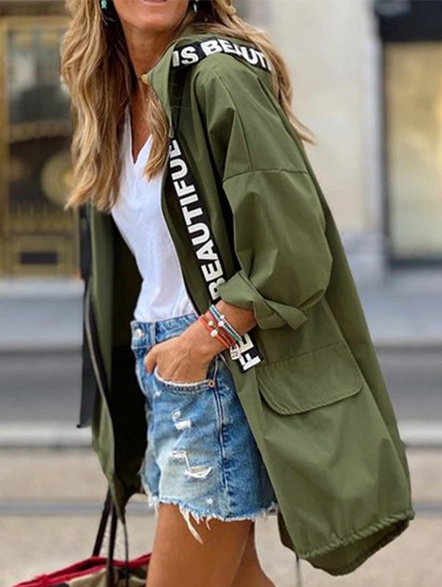 Casual Loose Hooded Trench Coat with Zipper for Women