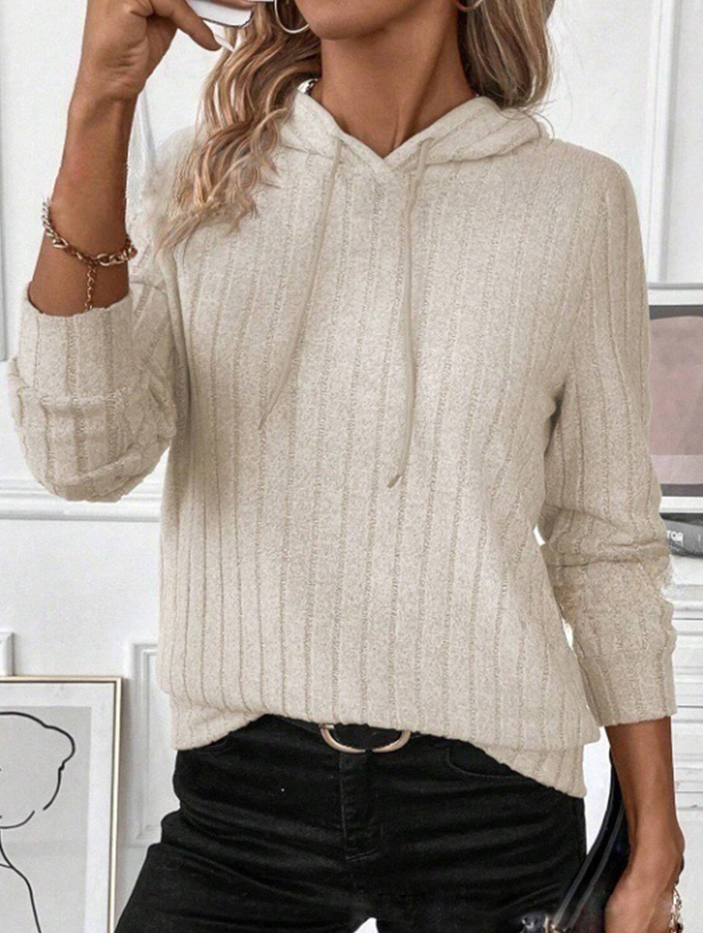 Casual ribbed hooded long-sleeved sweatshirt