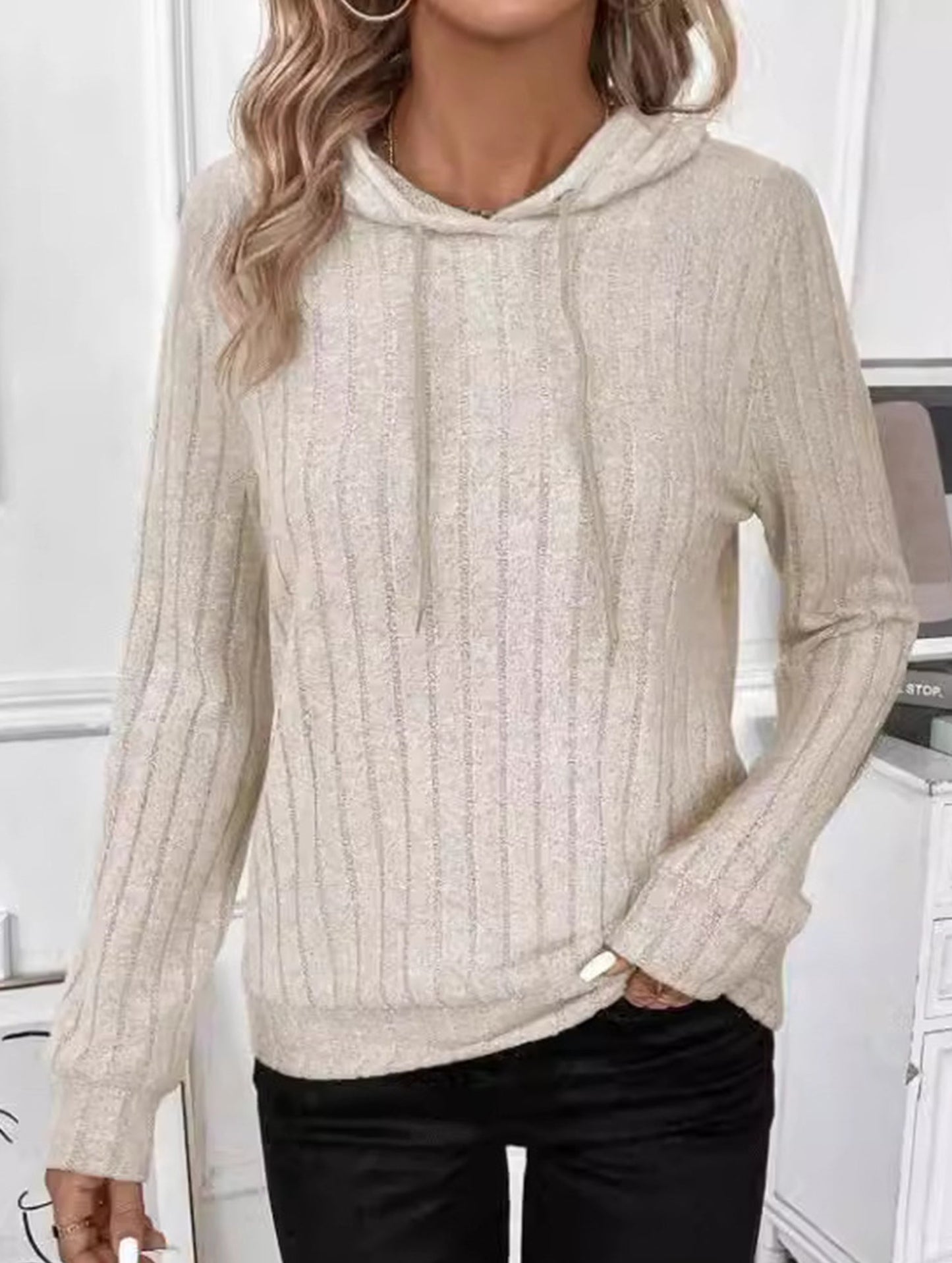 Casual ribbed hooded long-sleeved sweatshirt