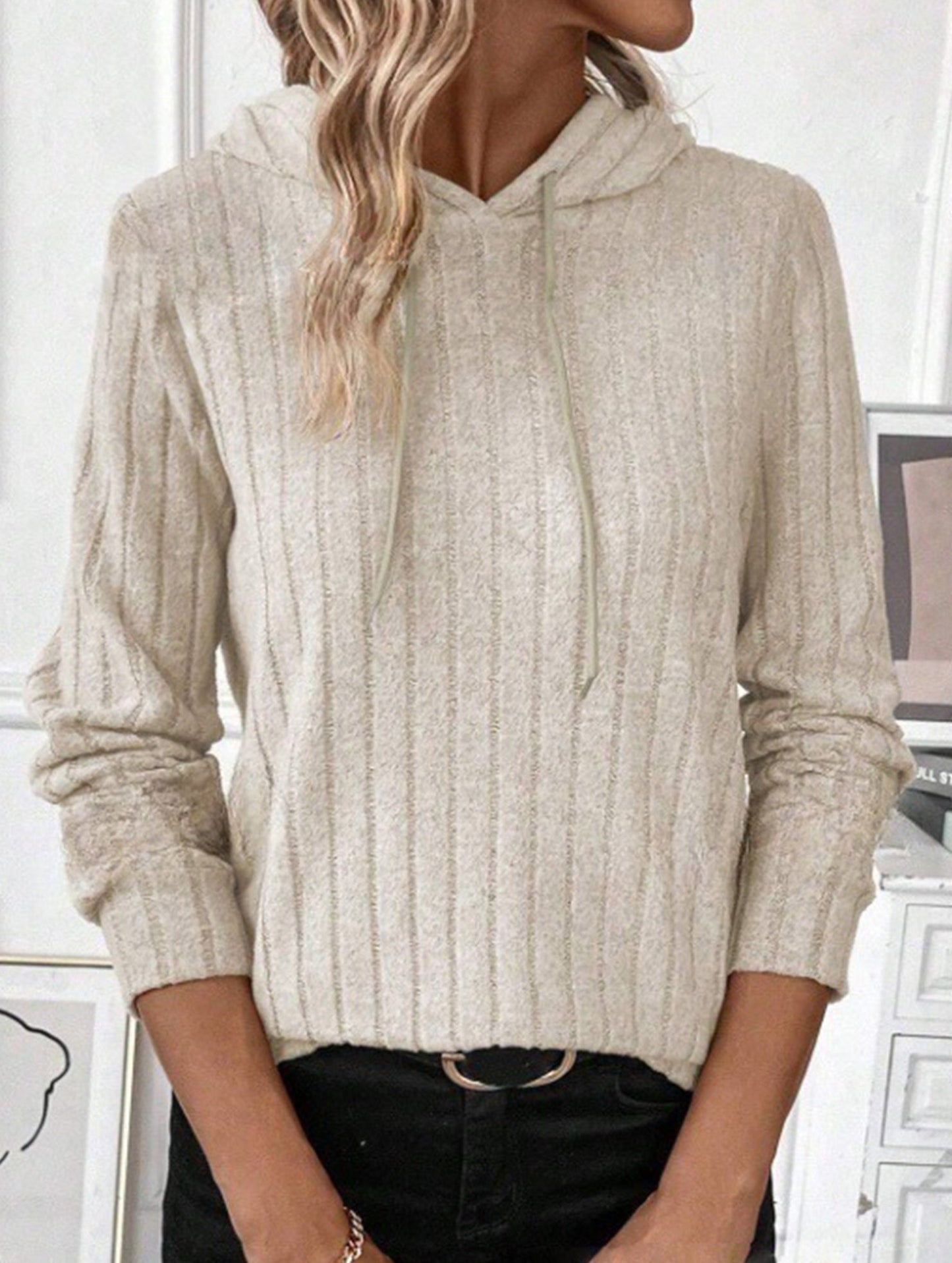 Casual ribbed hooded long-sleeved sweatshirt