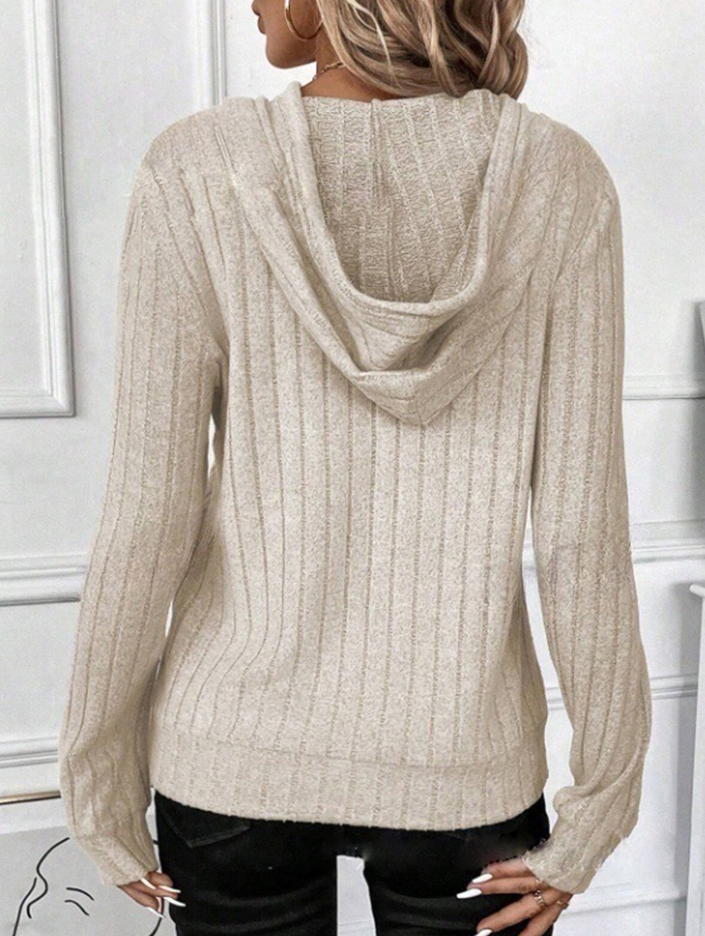 Casual ribbed hooded long-sleeved sweatshirt