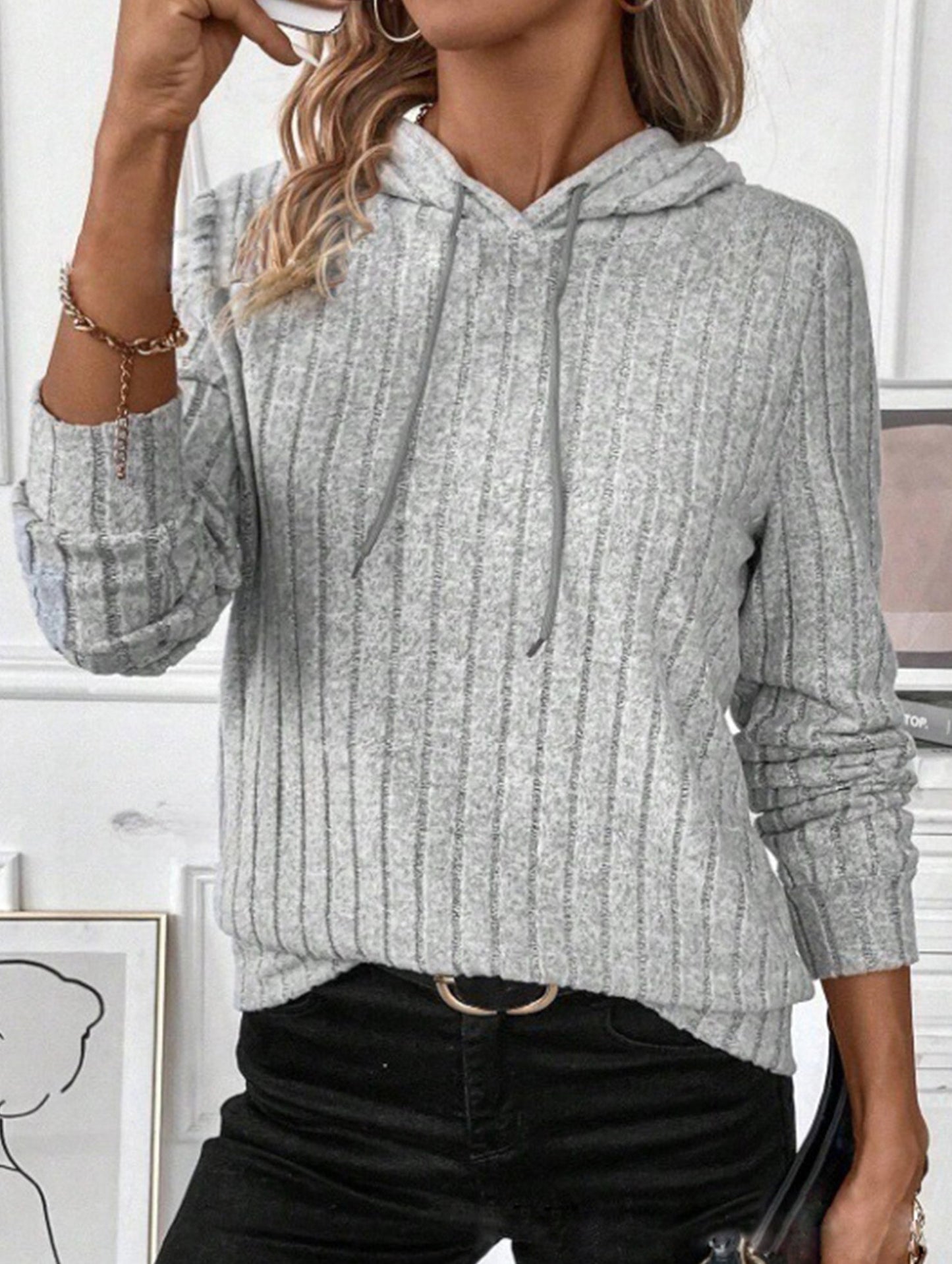 Casual ribbed hooded long-sleeved sweatshirt