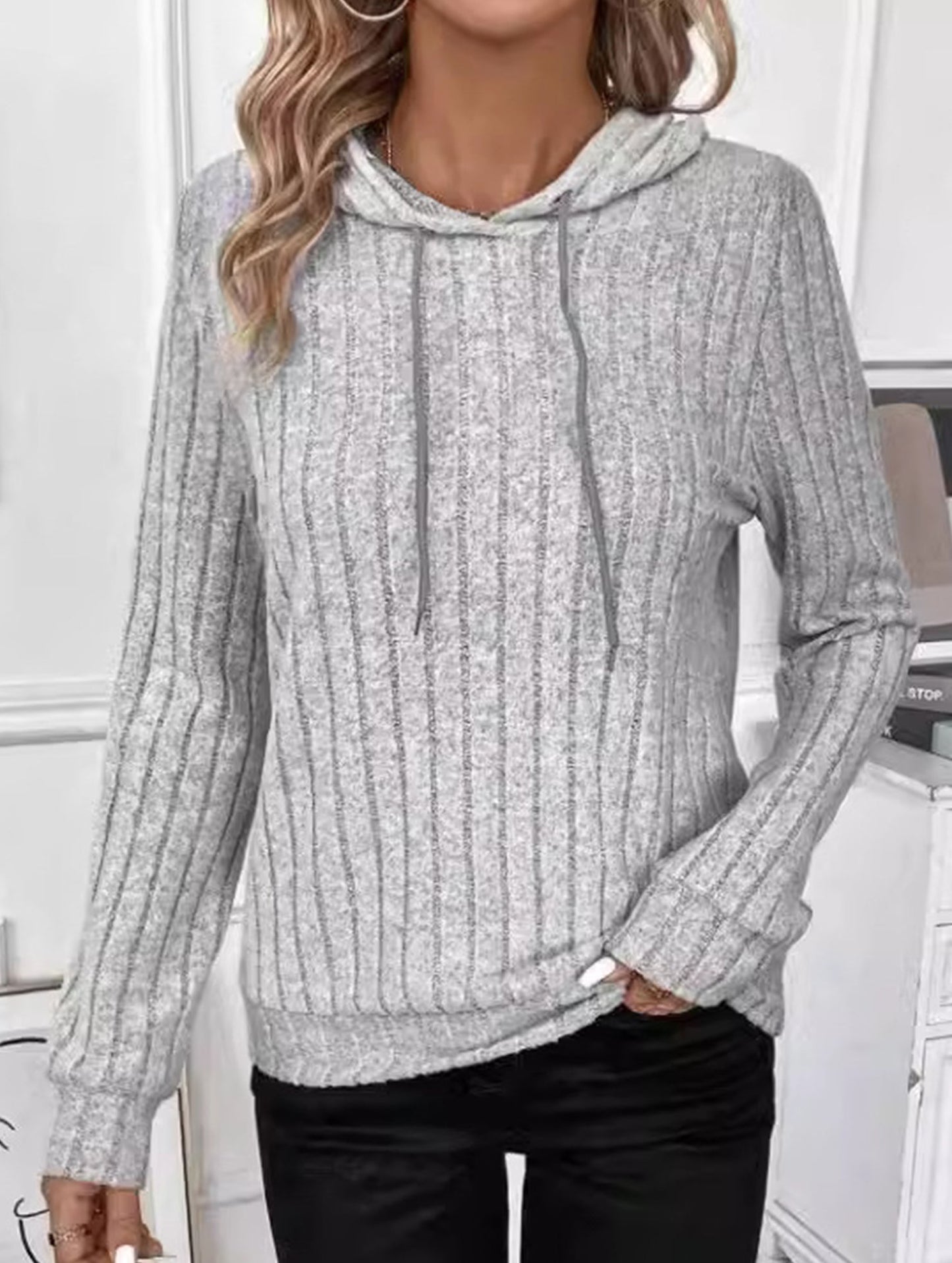 Casual ribbed hooded long-sleeved sweatshirt