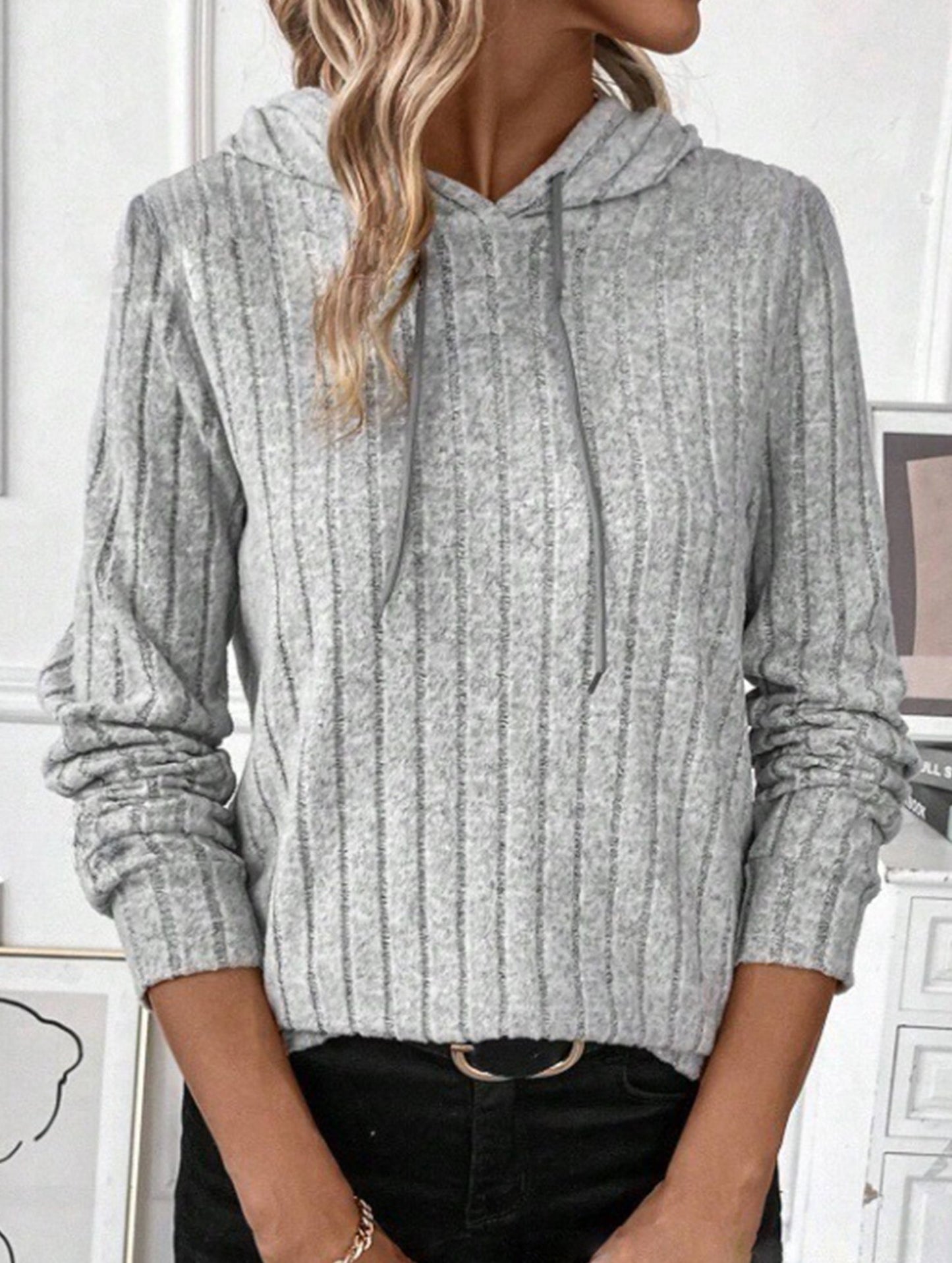 Casual ribbed hooded long-sleeved sweatshirt