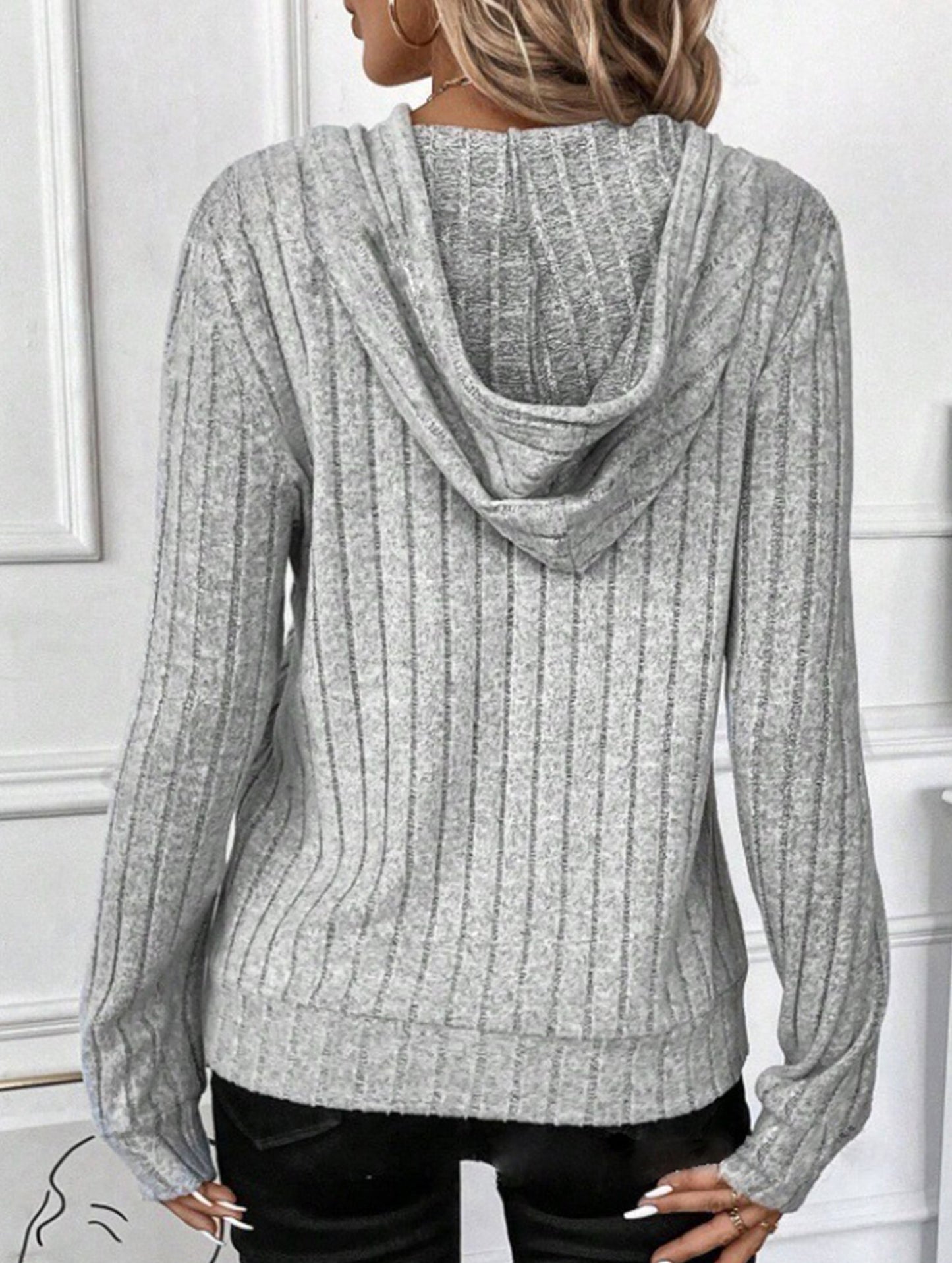 Casual ribbed hooded long-sleeved sweatshirt