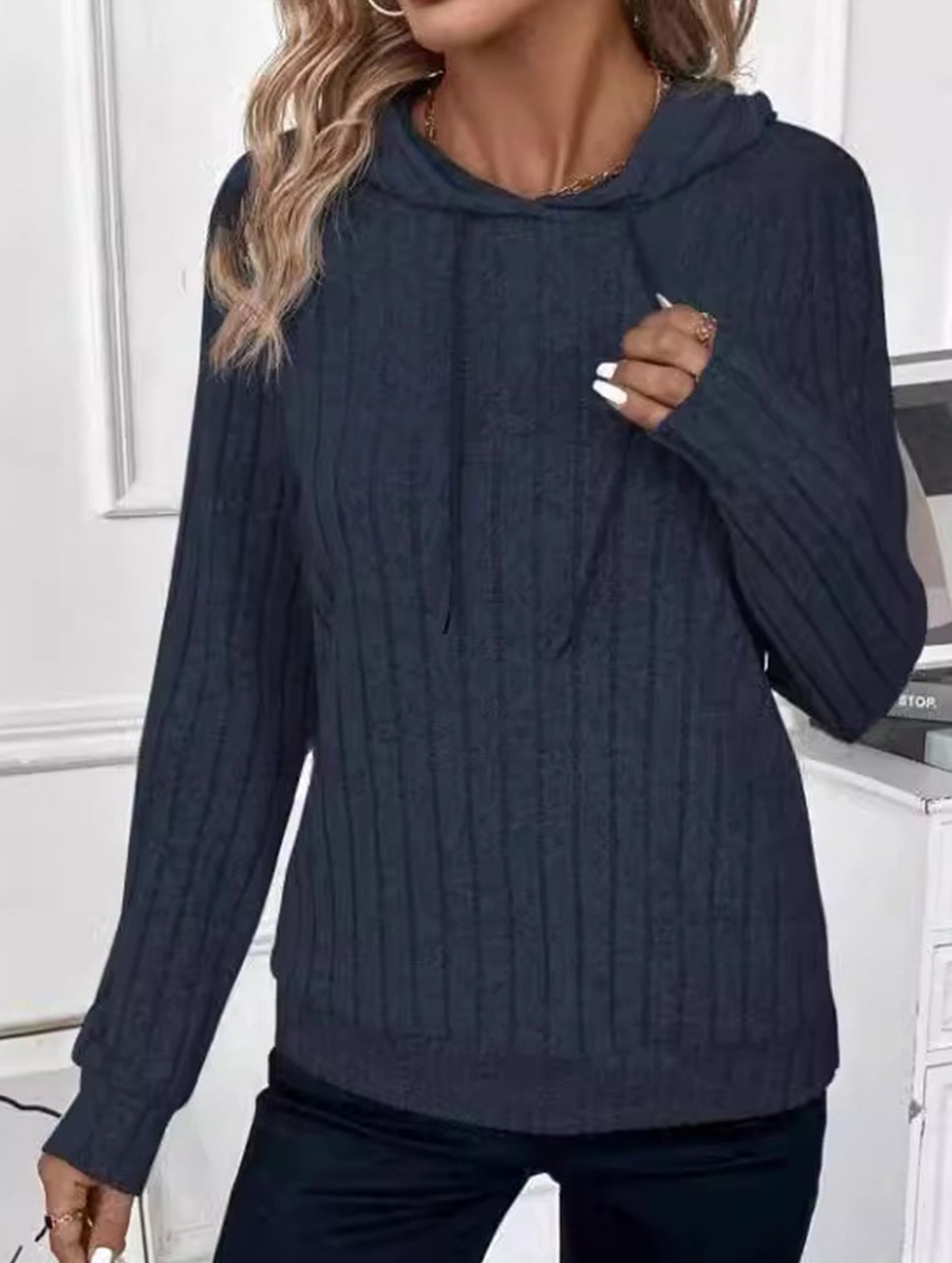 Casual ribbed hooded long-sleeved sweatshirt