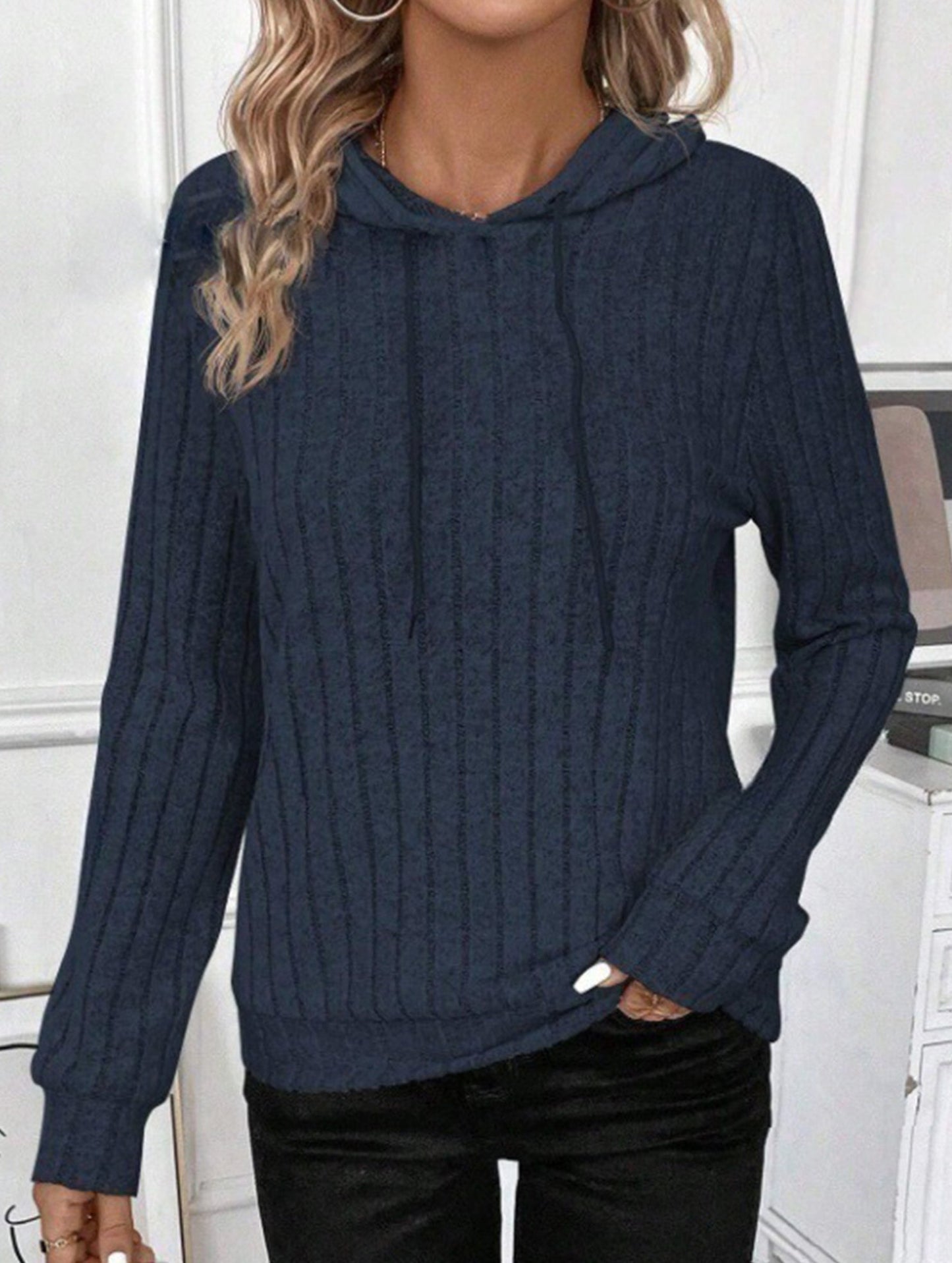 Casual ribbed hooded long-sleeved sweatshirt