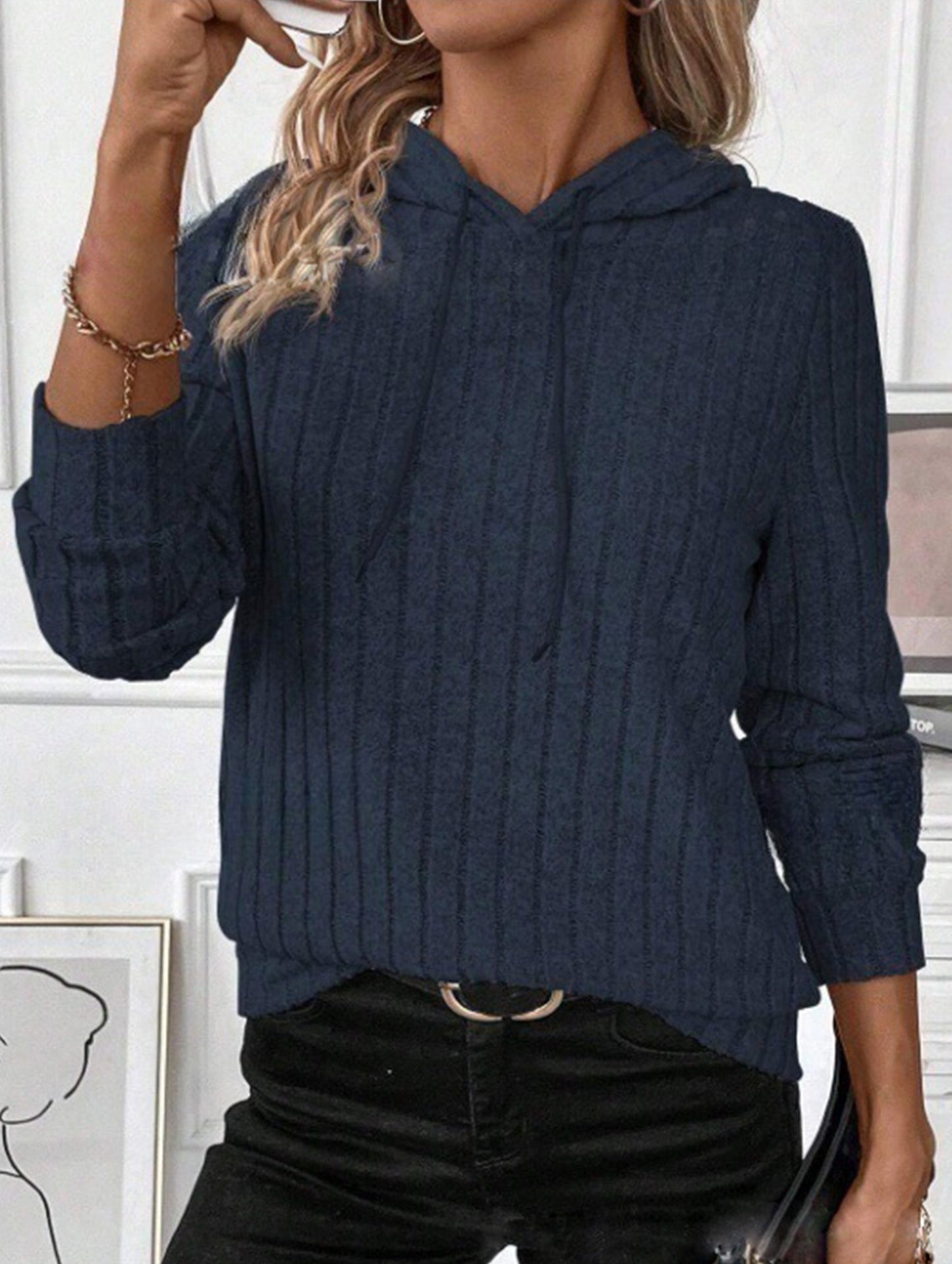 Casual ribbed hooded long-sleeved sweatshirt