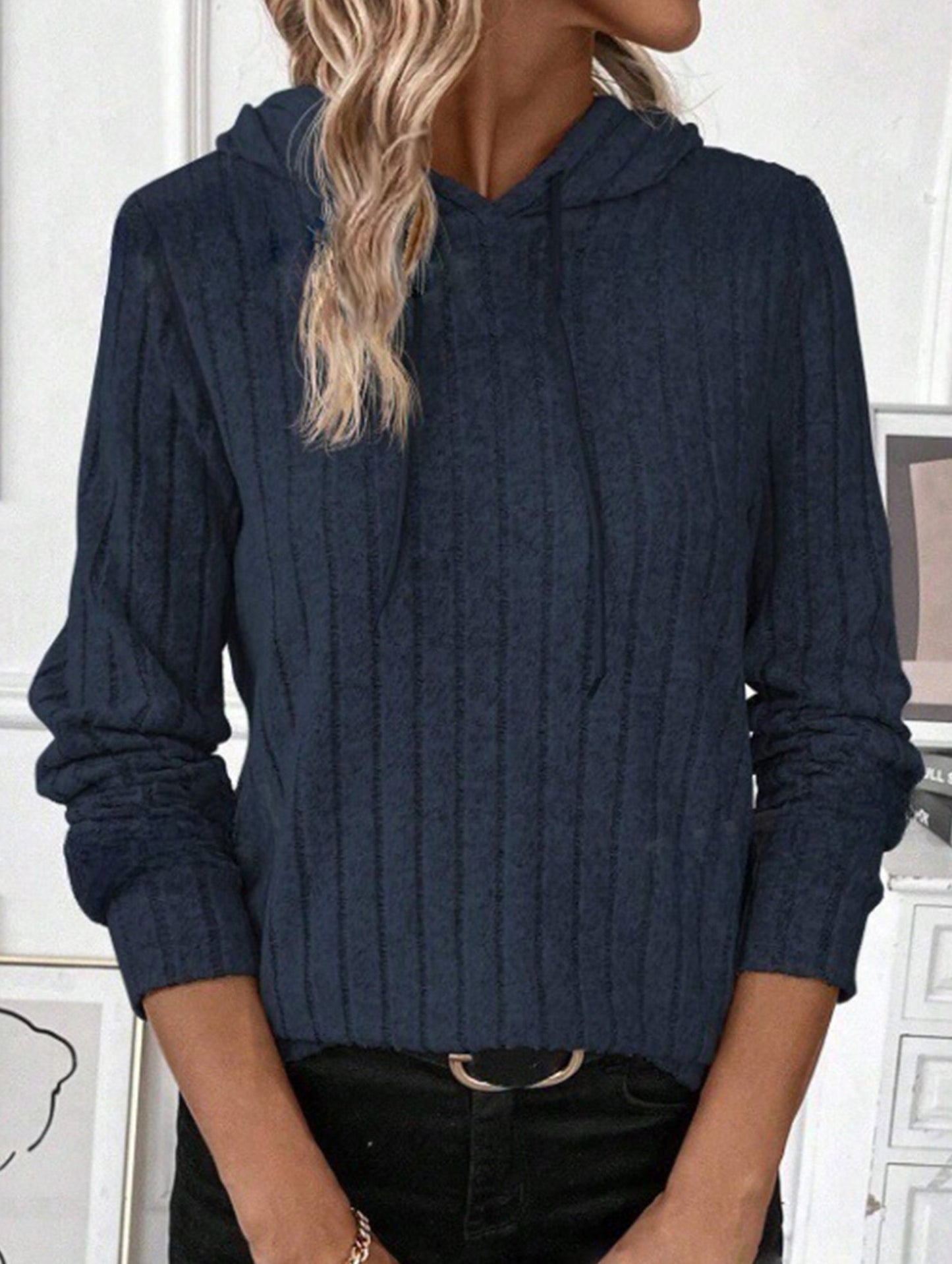 Casual ribbed hooded long-sleeved sweatshirt