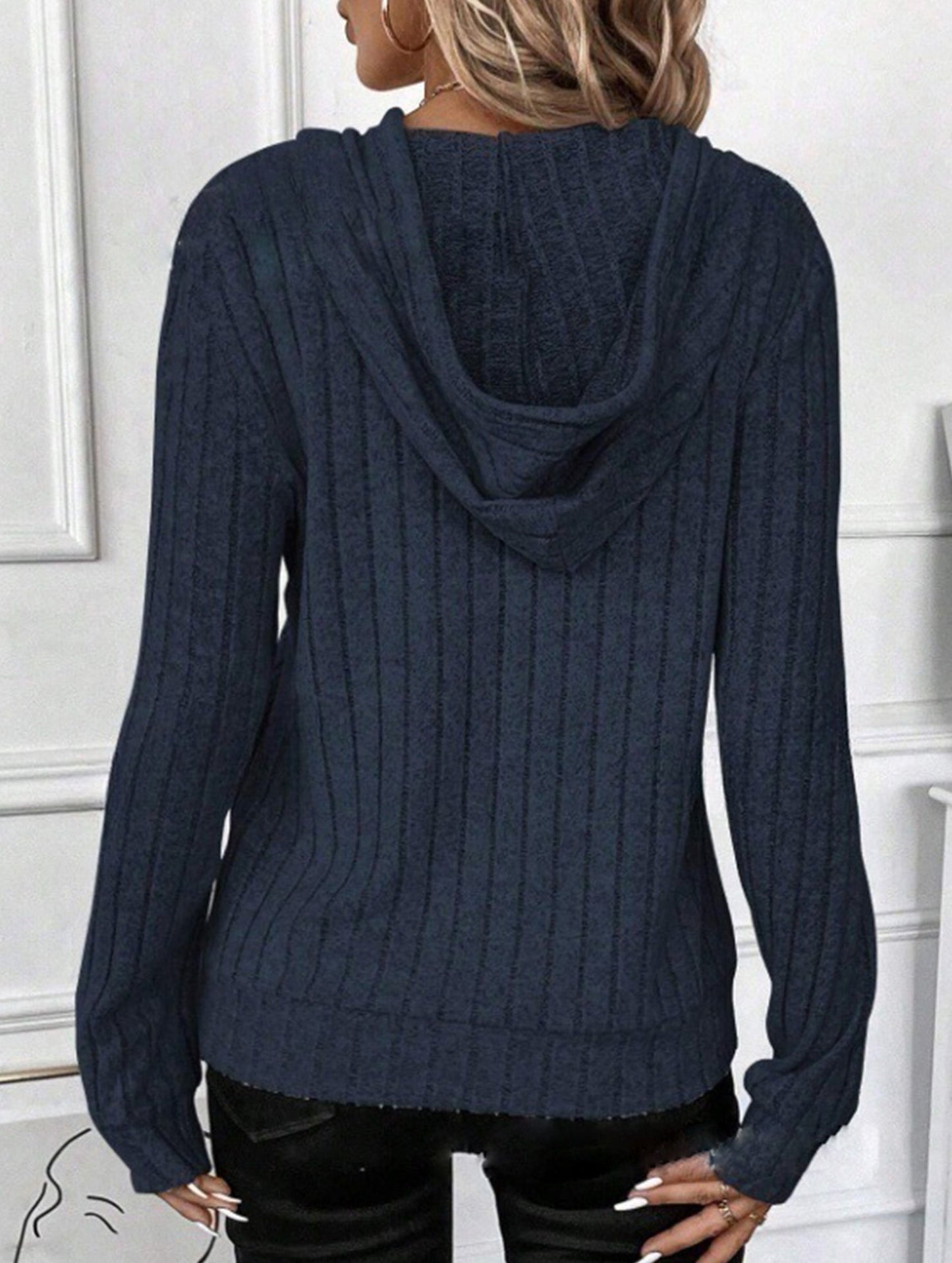 Casual ribbed hooded long-sleeved sweatshirt