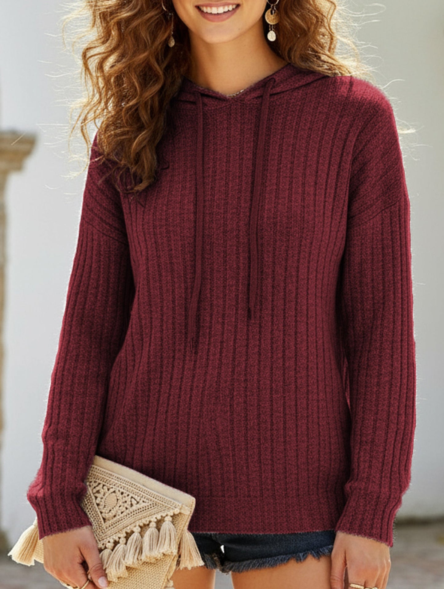 Casual ribbed hooded long-sleeved sweatshirt