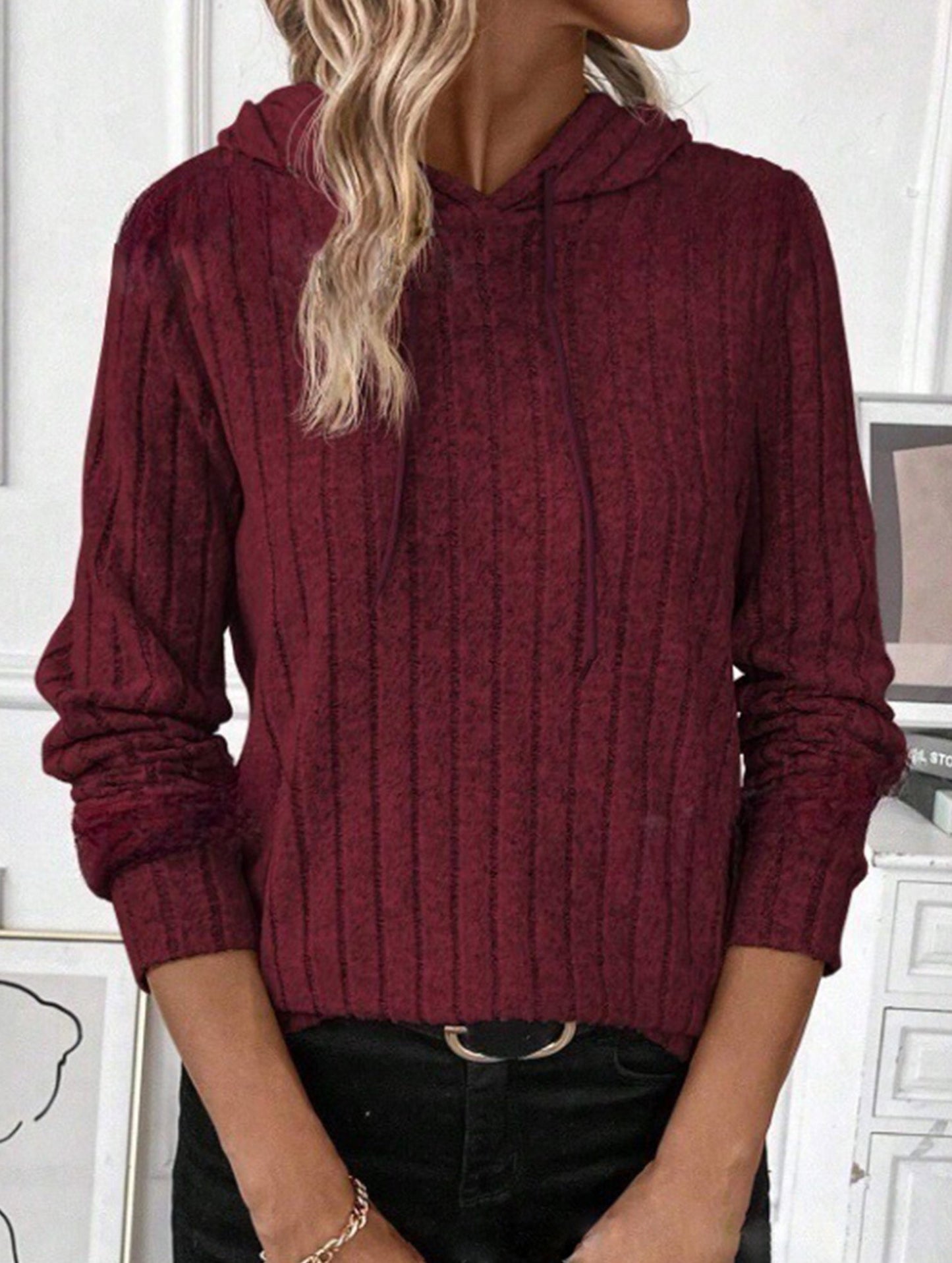 Casual ribbed hooded long-sleeved sweatshirt