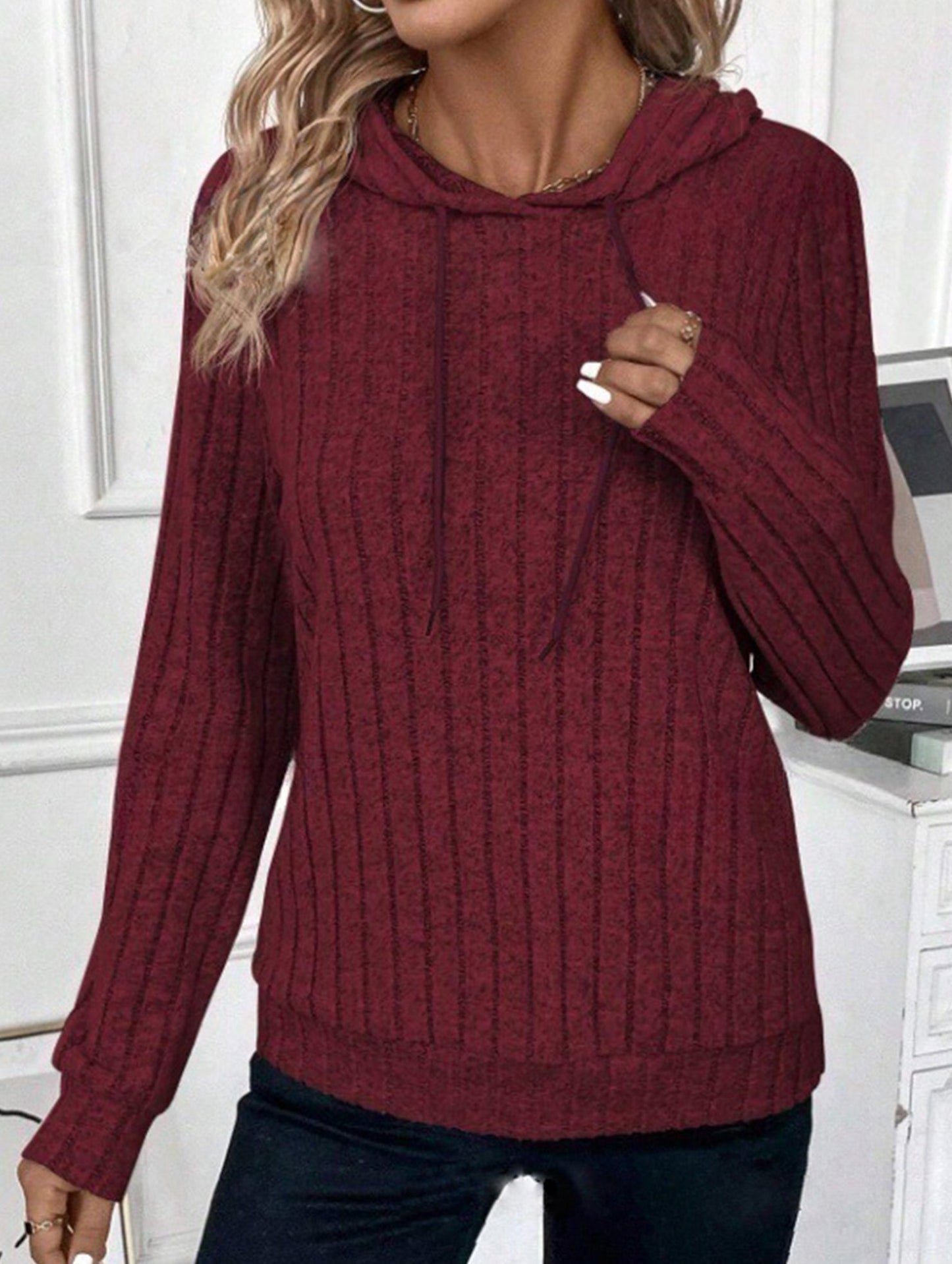 Casual ribbed hooded long-sleeved sweatshirt