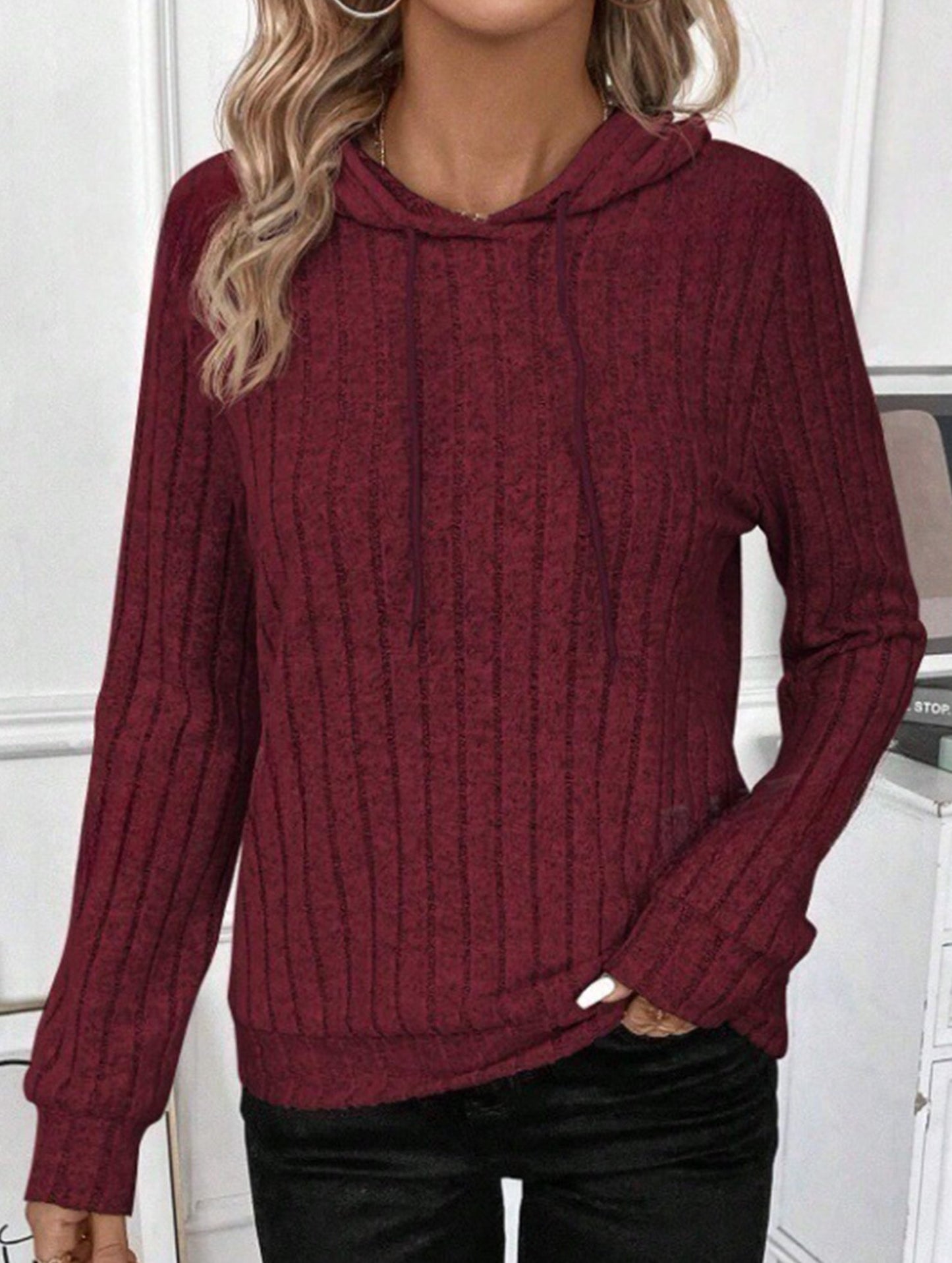 Casual ribbed hooded long-sleeved sweatshirt