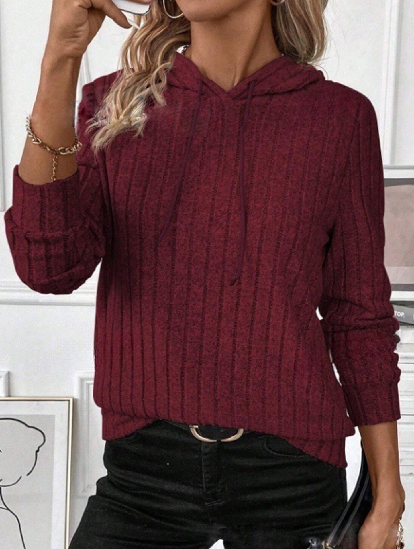 Casual ribbed hooded long-sleeved sweatshirt