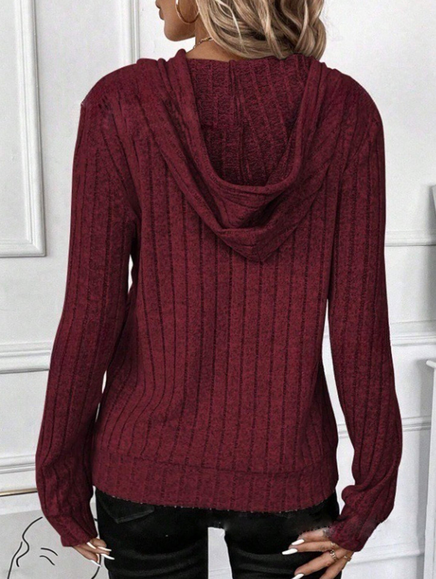 Casual ribbed hooded long-sleeved sweatshirt