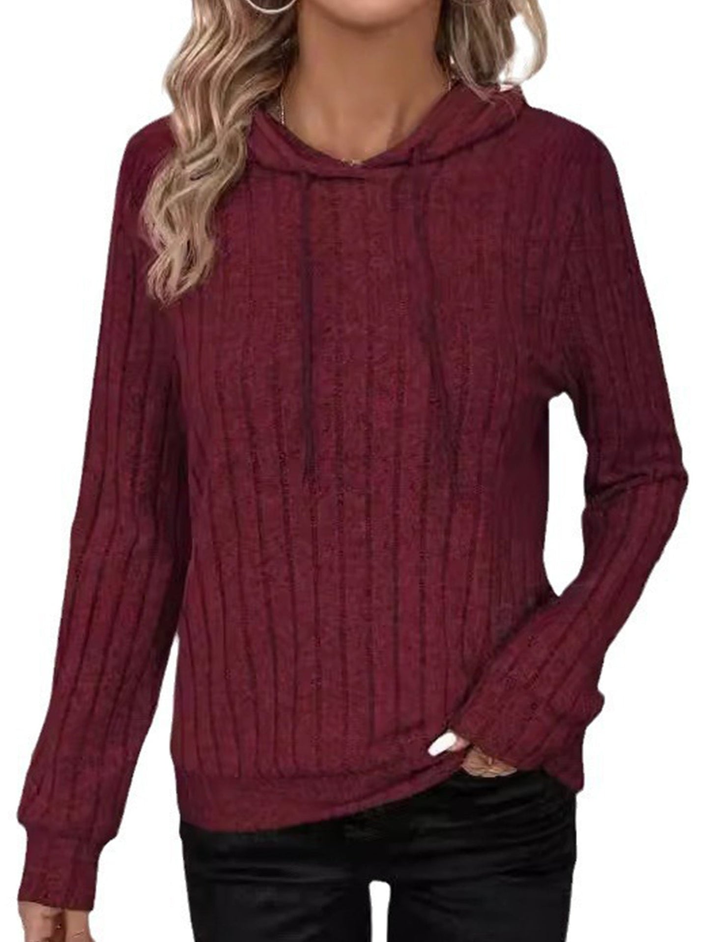 Casual ribbed hooded long-sleeved sweatshirt