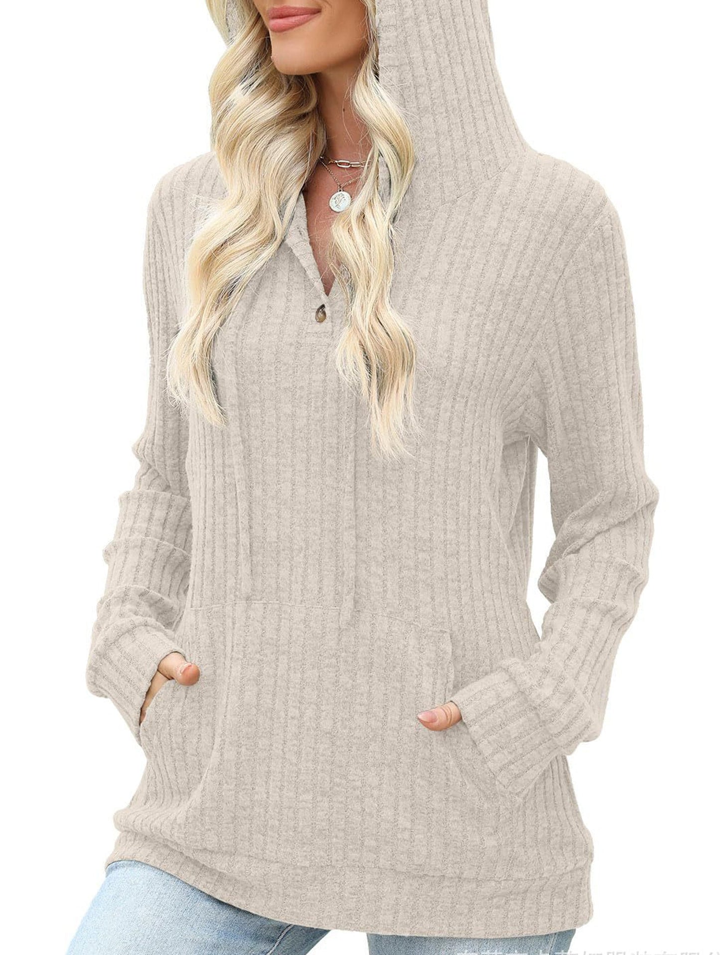 Women's solid color long-sleeved hoodie sweater