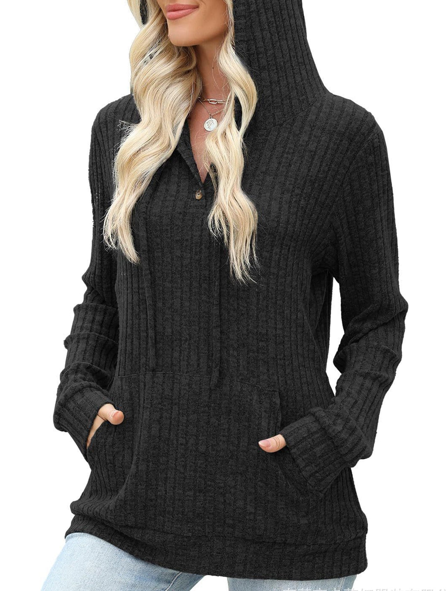 Women's solid color long-sleeved hoodie sweater