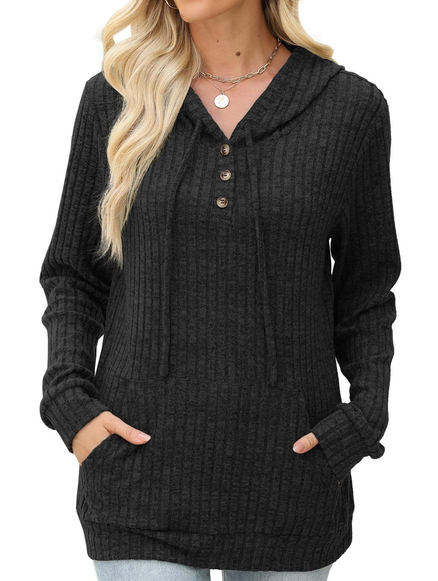 Women's solid color long-sleeved hoodie sweater