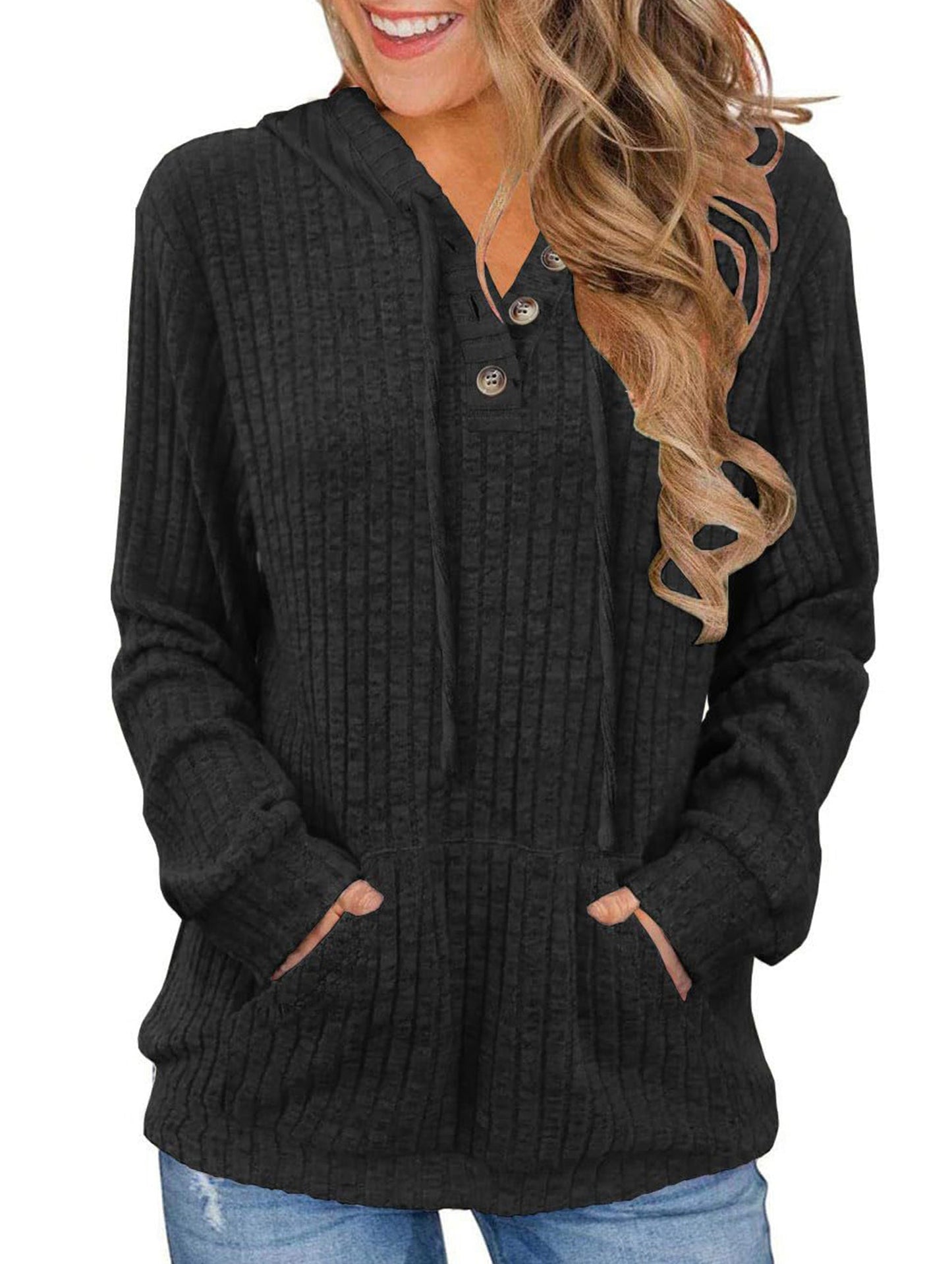 Women's solid color long-sleeved hoodie sweater