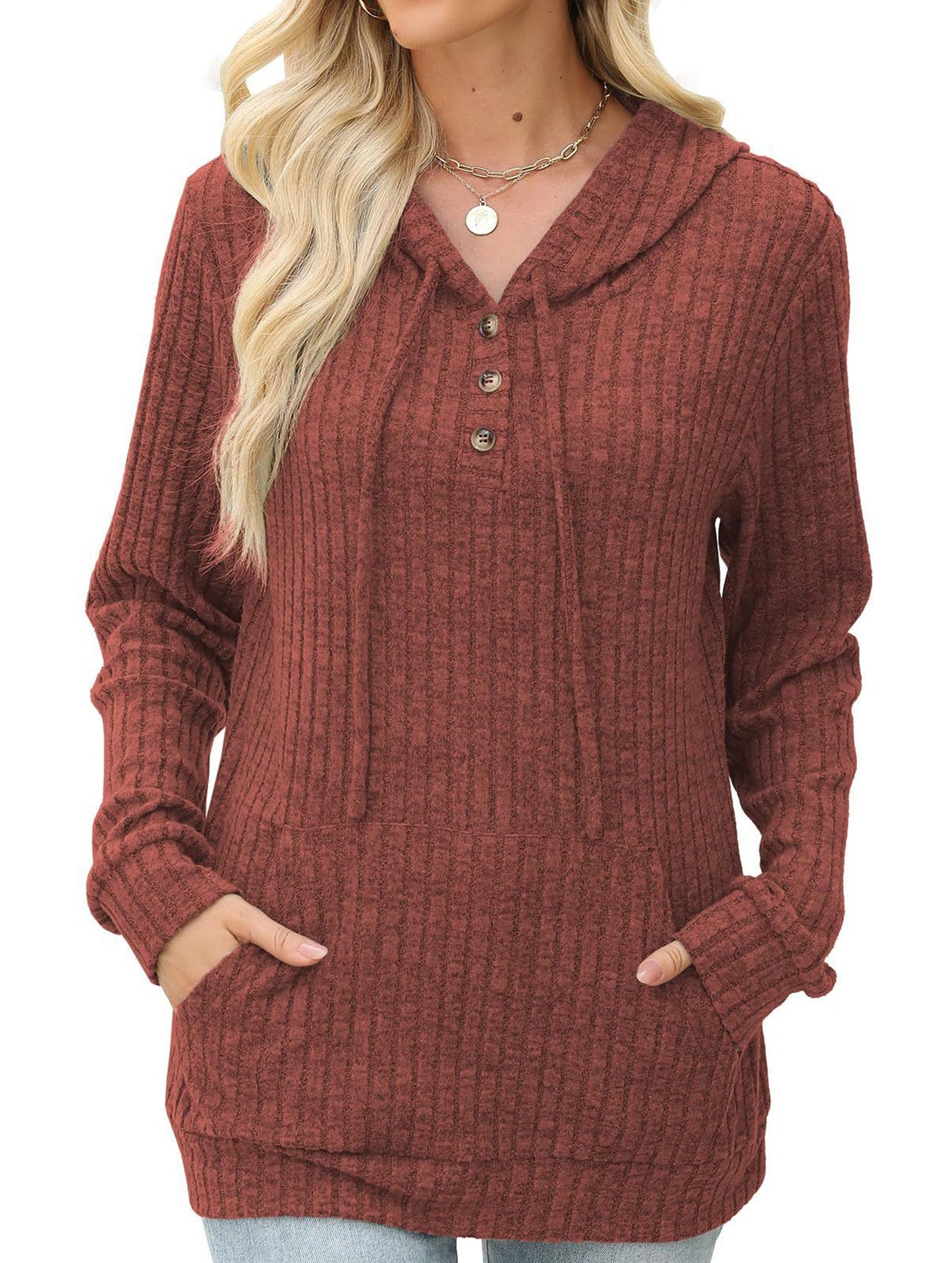 Women's solid color long-sleeved hoodie sweater