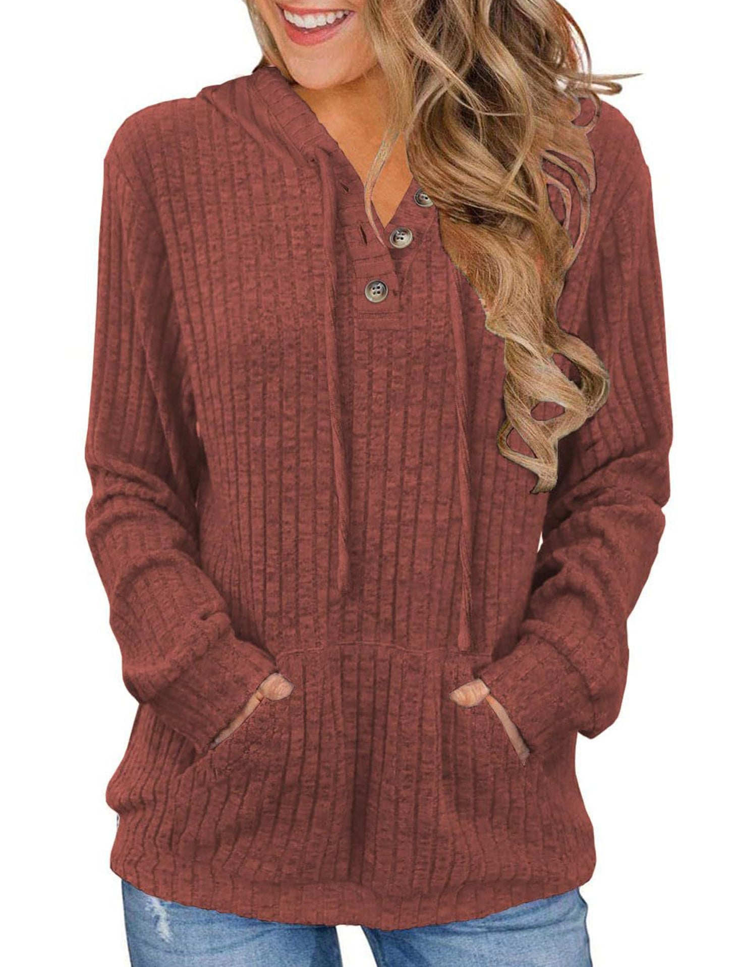 Women's solid color long-sleeved hoodie sweater