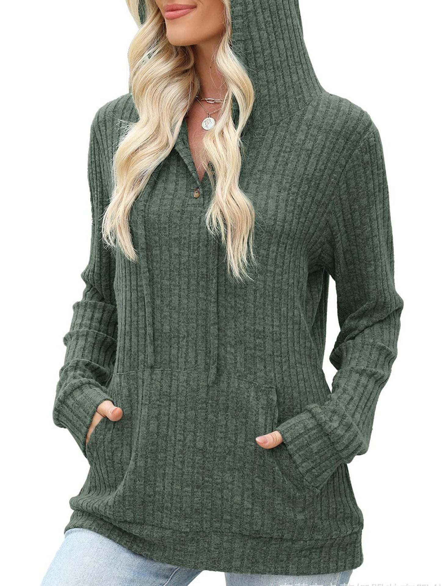 Women's solid color long-sleeved hoodie sweater