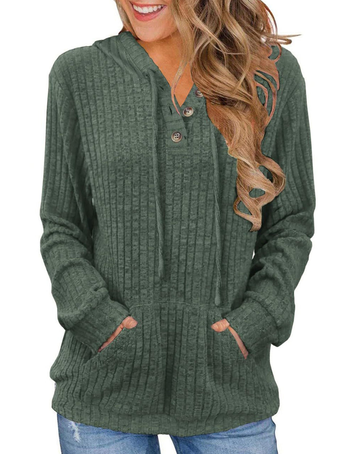 Women's solid color long-sleeved hoodie sweater