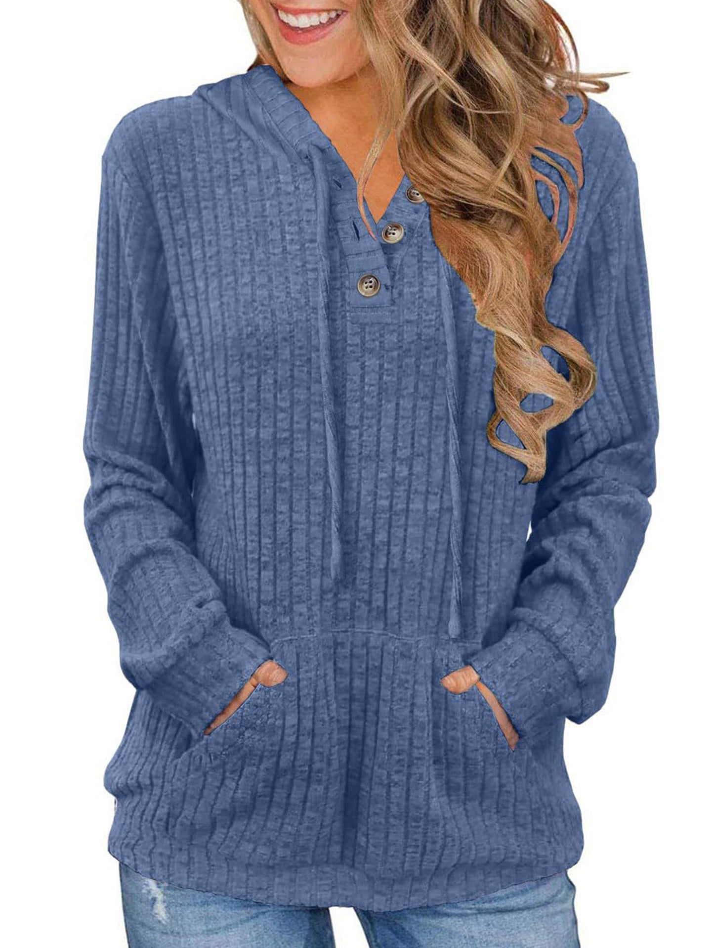 Women's solid color long-sleeved hoodie sweater