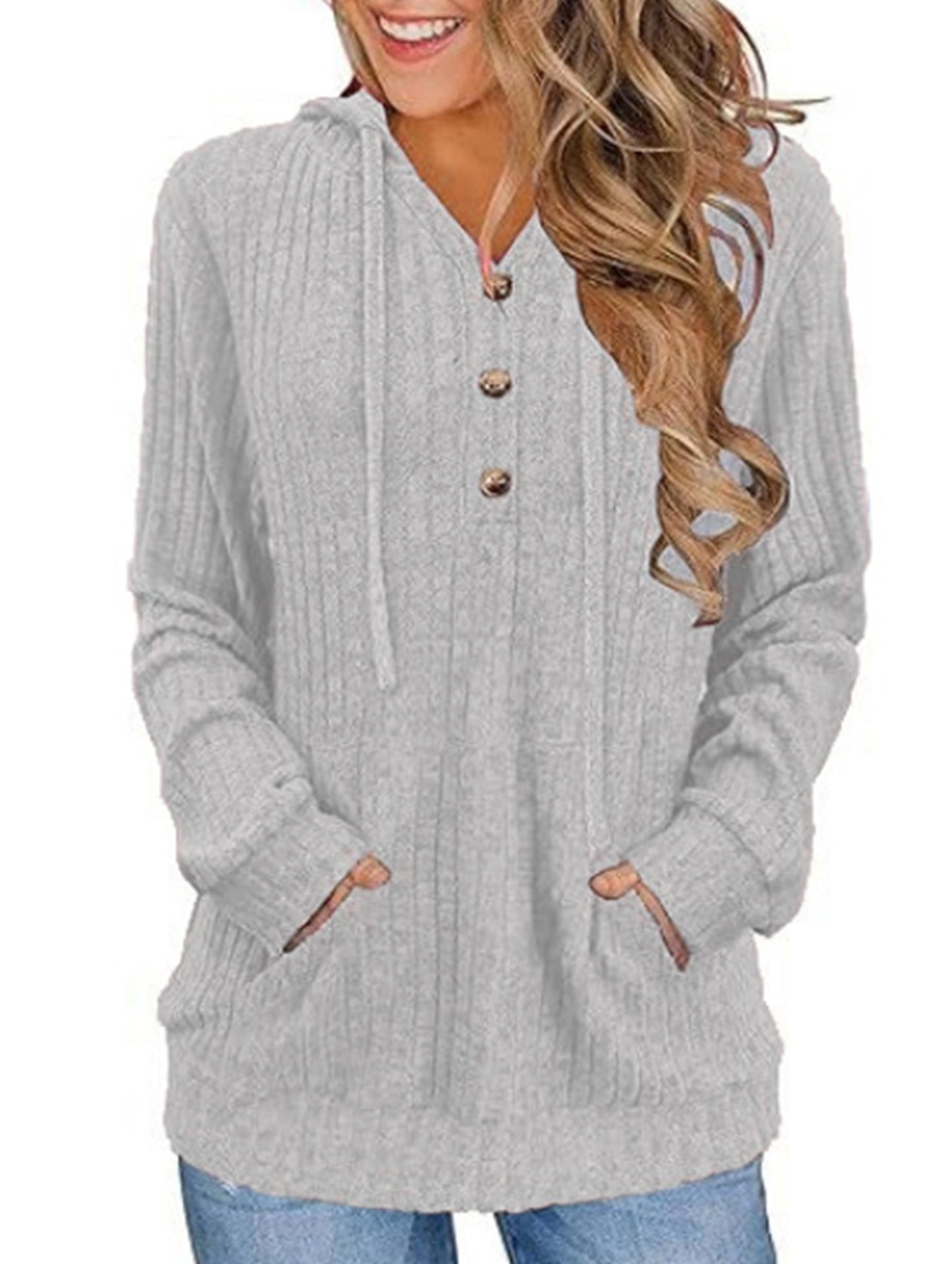 Women's solid color long-sleeved hoodie sweater