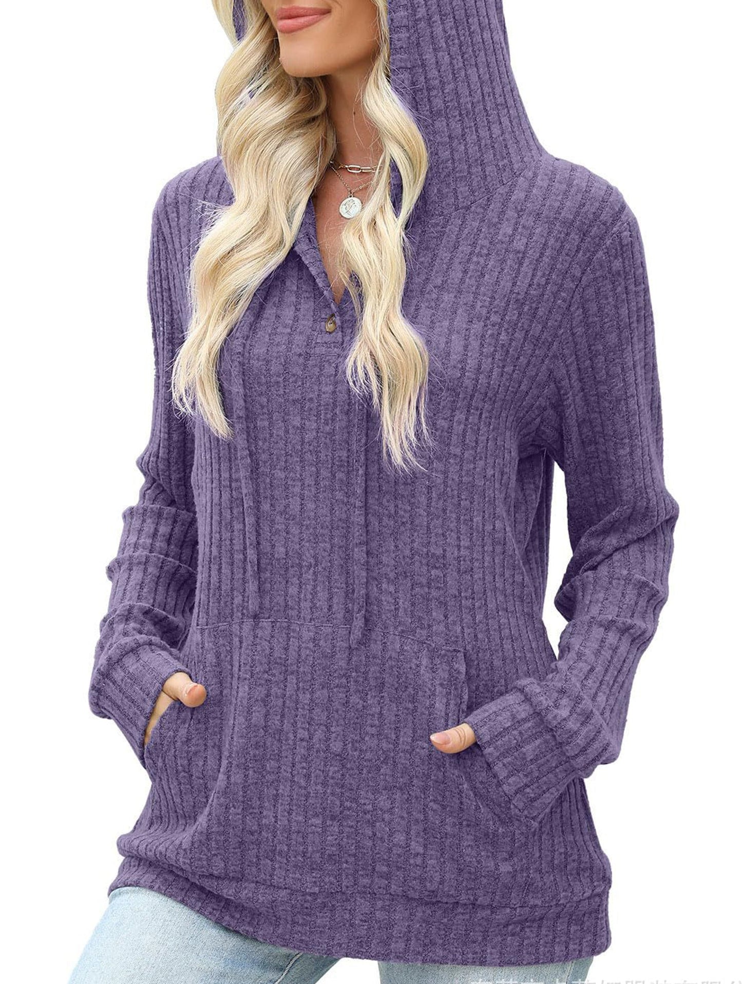 Women's solid color long-sleeved hoodie sweater