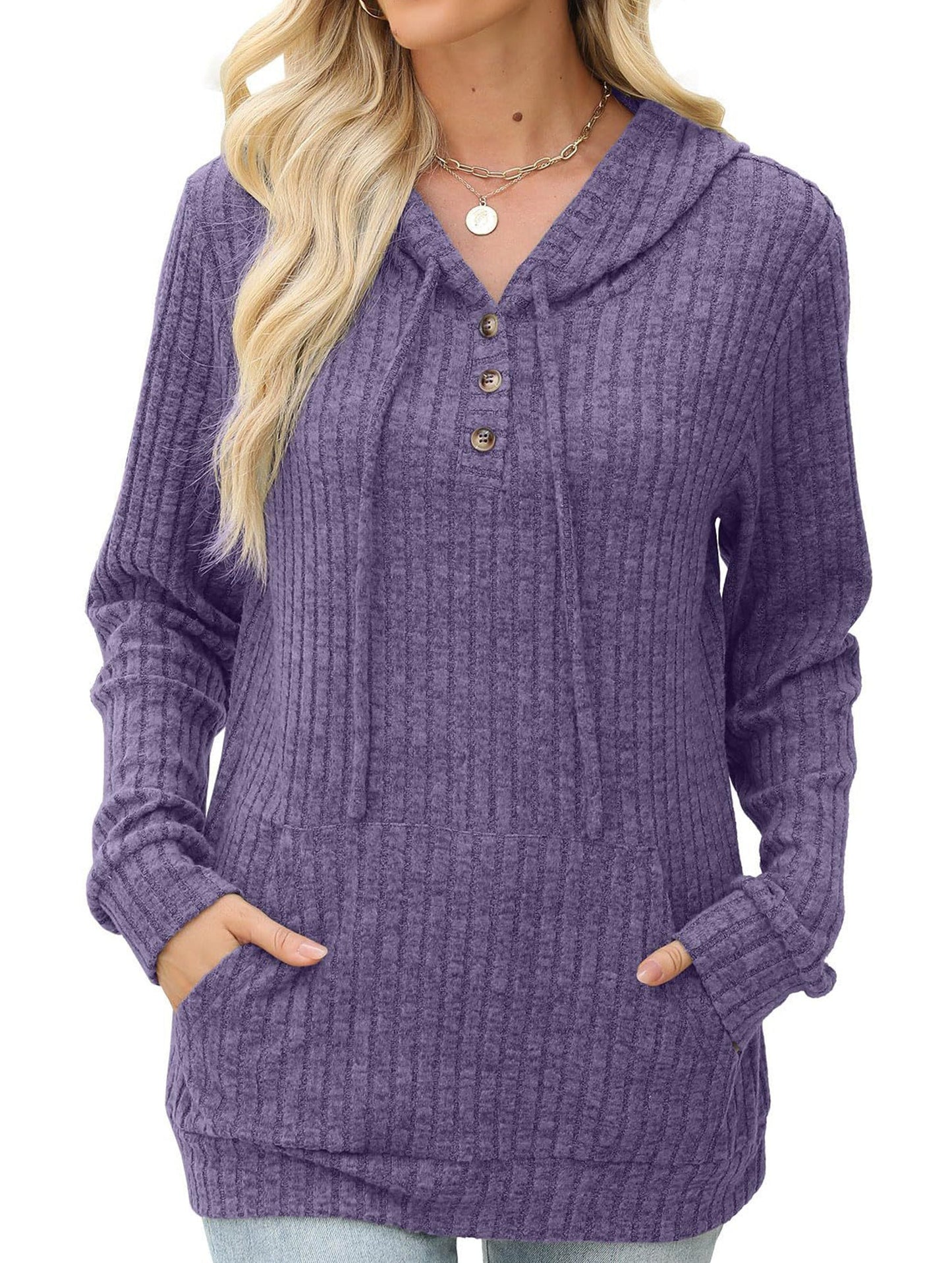 Women's solid color long-sleeved hoodie sweater