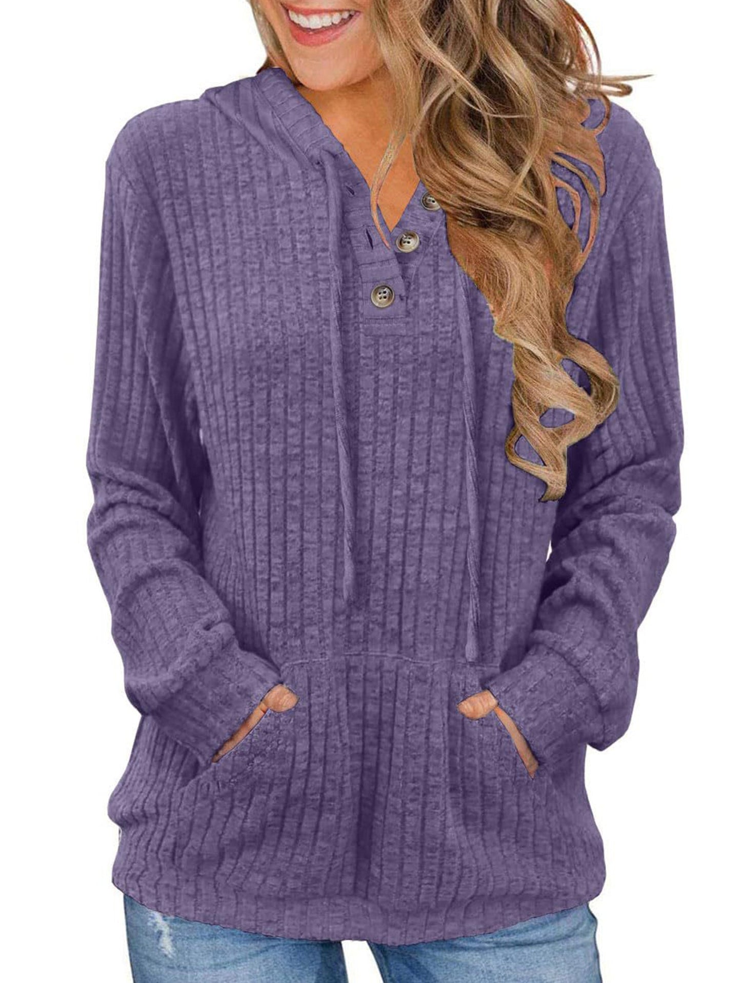 Women's solid color long-sleeved hoodie sweater