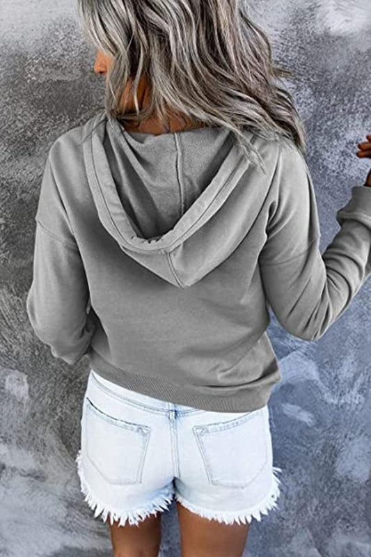 WOMEN BUTTON NECK KANGAROO POCKET PULLOVER HOODIE - Doublju