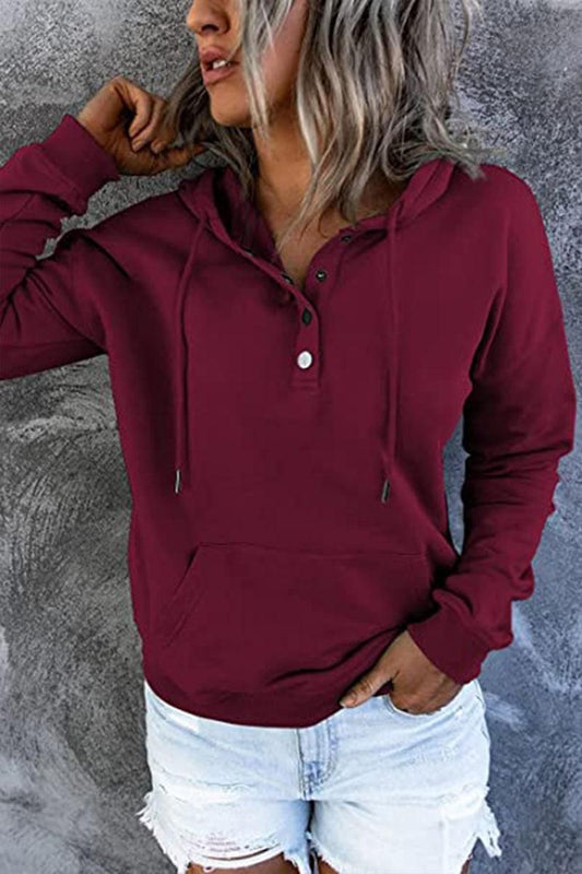 WOMEN BUTTON NECK KANGAROO POCKET PULLOVER HOODIE - Doublju