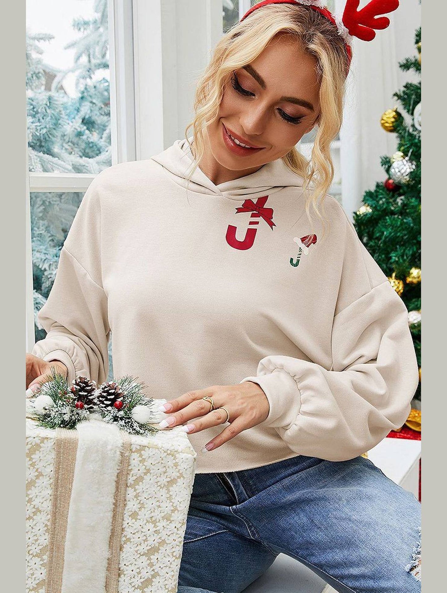 WOMEN CUTE PRINTING HOODED SHORT PULLOVER