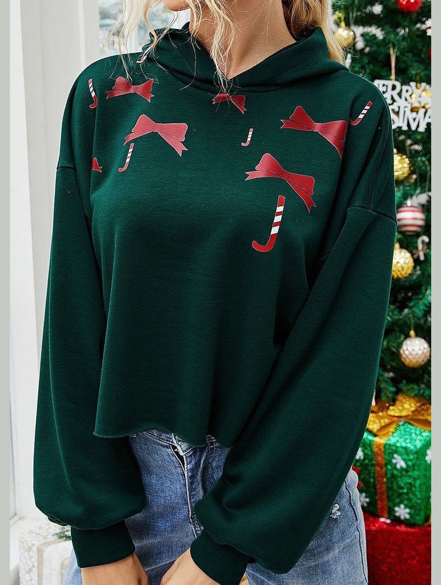 WOMEN CHRISTMAS PRINTED SHORT HOODIE PULLOVER