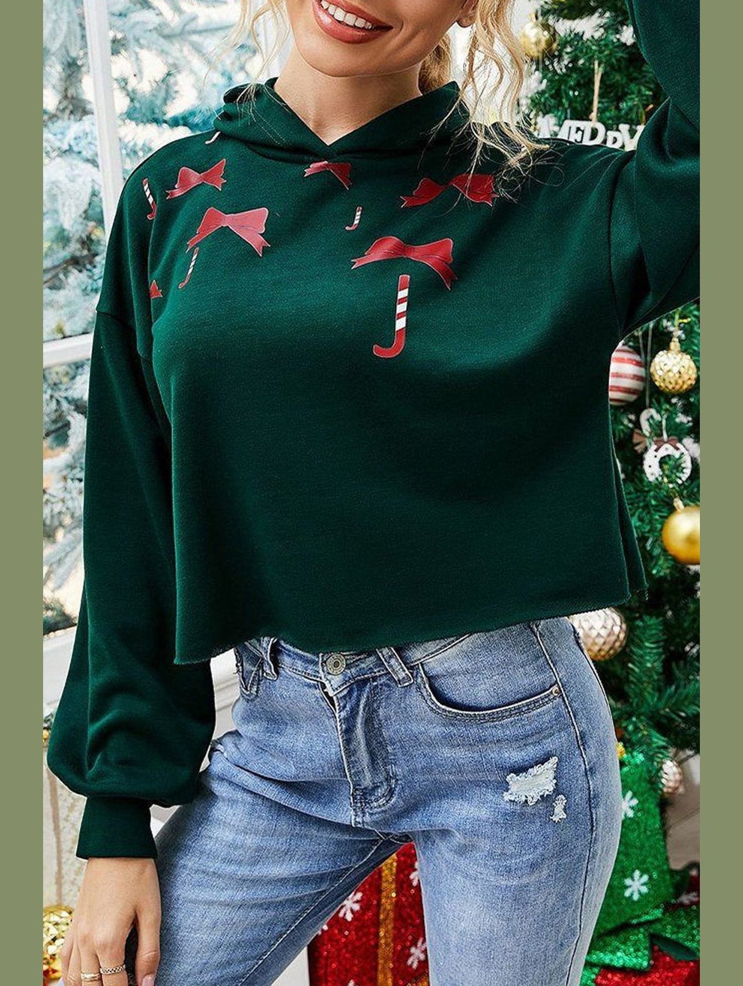 WOMEN CHRISTMAS PRINTED SHORT HOODIE PULLOVER
